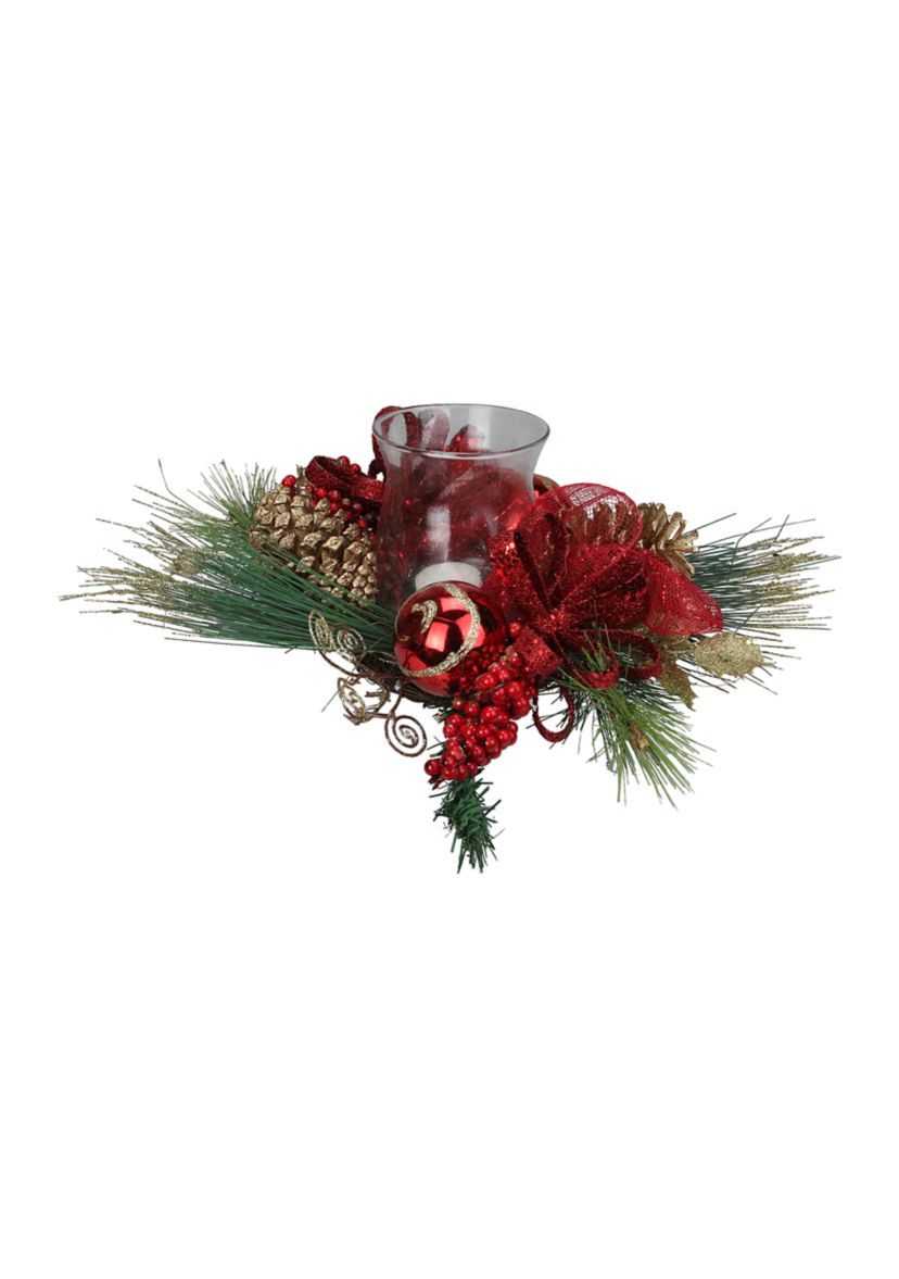 18Inch Pine Sprigs and Glittered Berries Christmas Hurricane Candle Holder