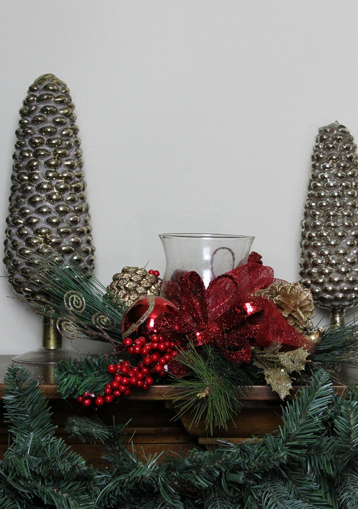18Inch Pine Sprigs and Glittered Berries Christmas Hurricane Candle Holder
