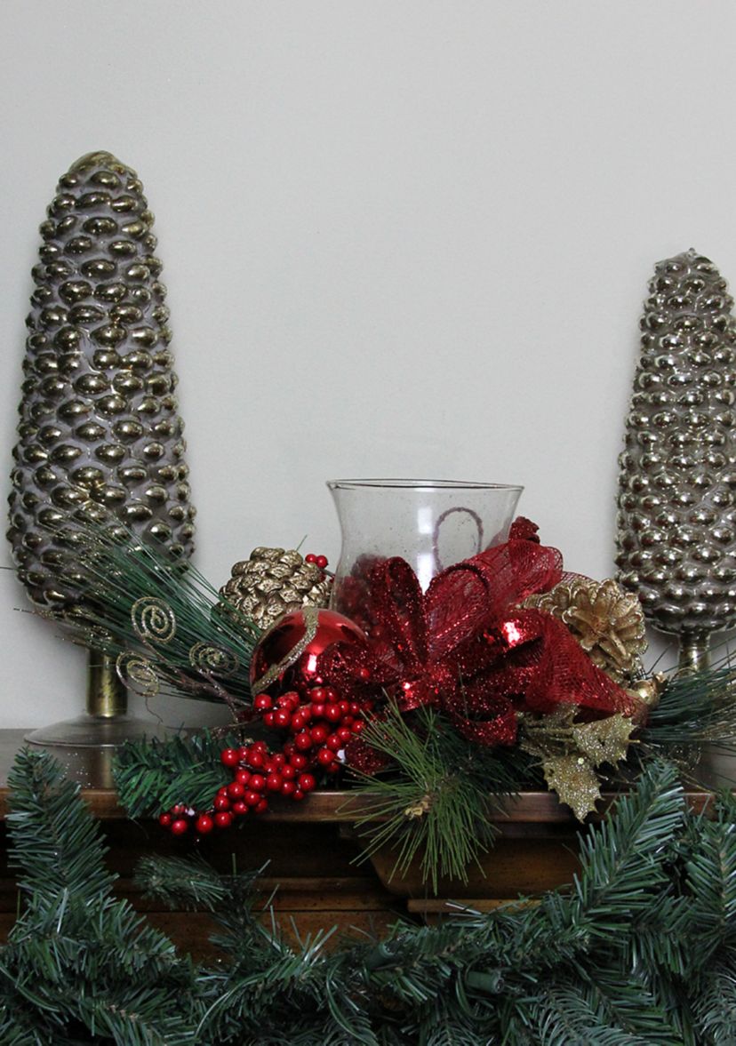 18Inch Pine Sprigs and Glittered Berries Christmas Hurricane Candle Holder