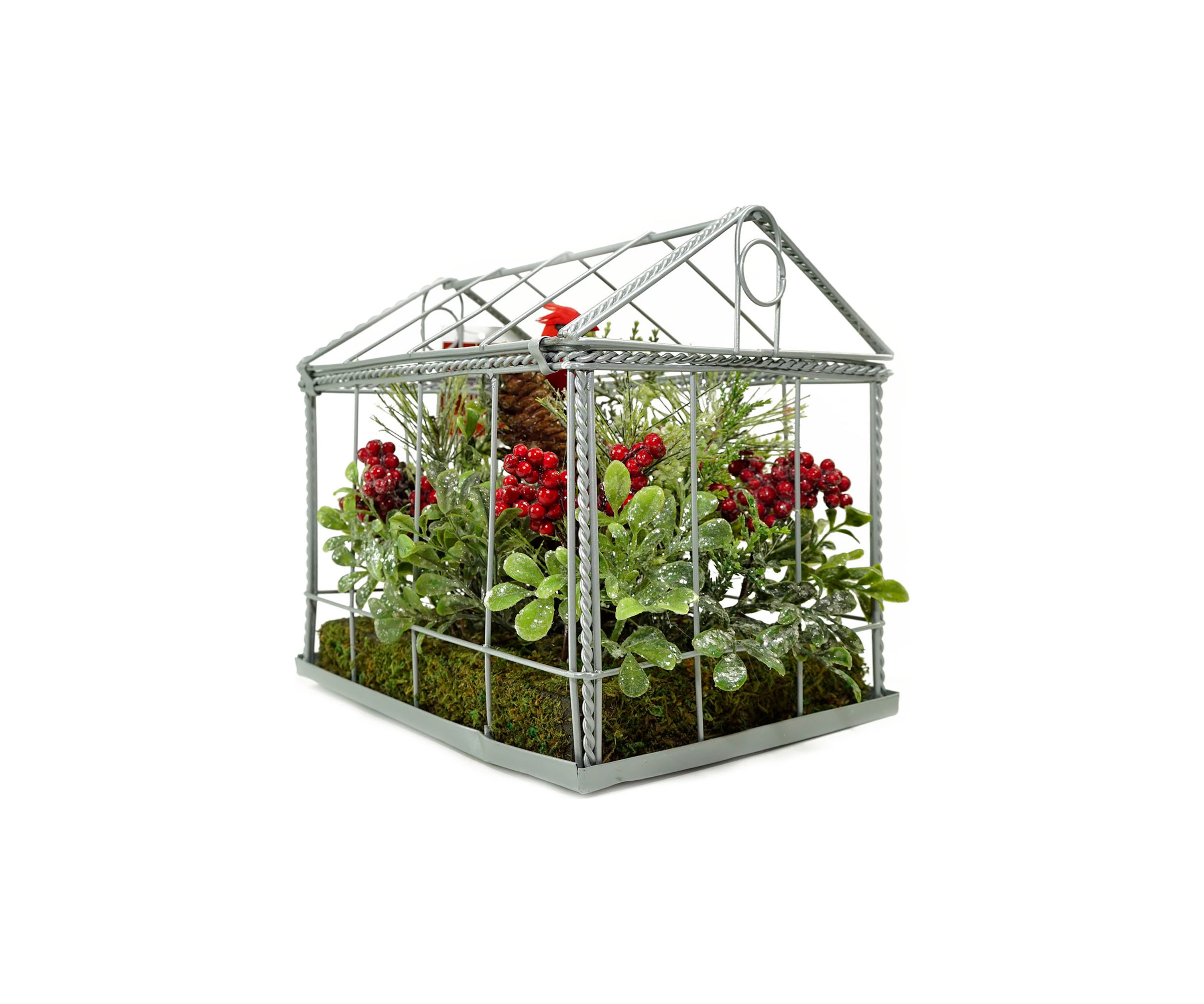 9Inch Red and Green Cardinal Boxwood Artificial Christmas Greenhouse Arrangement
