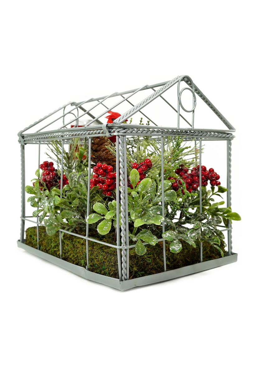 9Inch Red and Green Cardinal Boxwood Artificial Christmas Greenhouse Arrangement