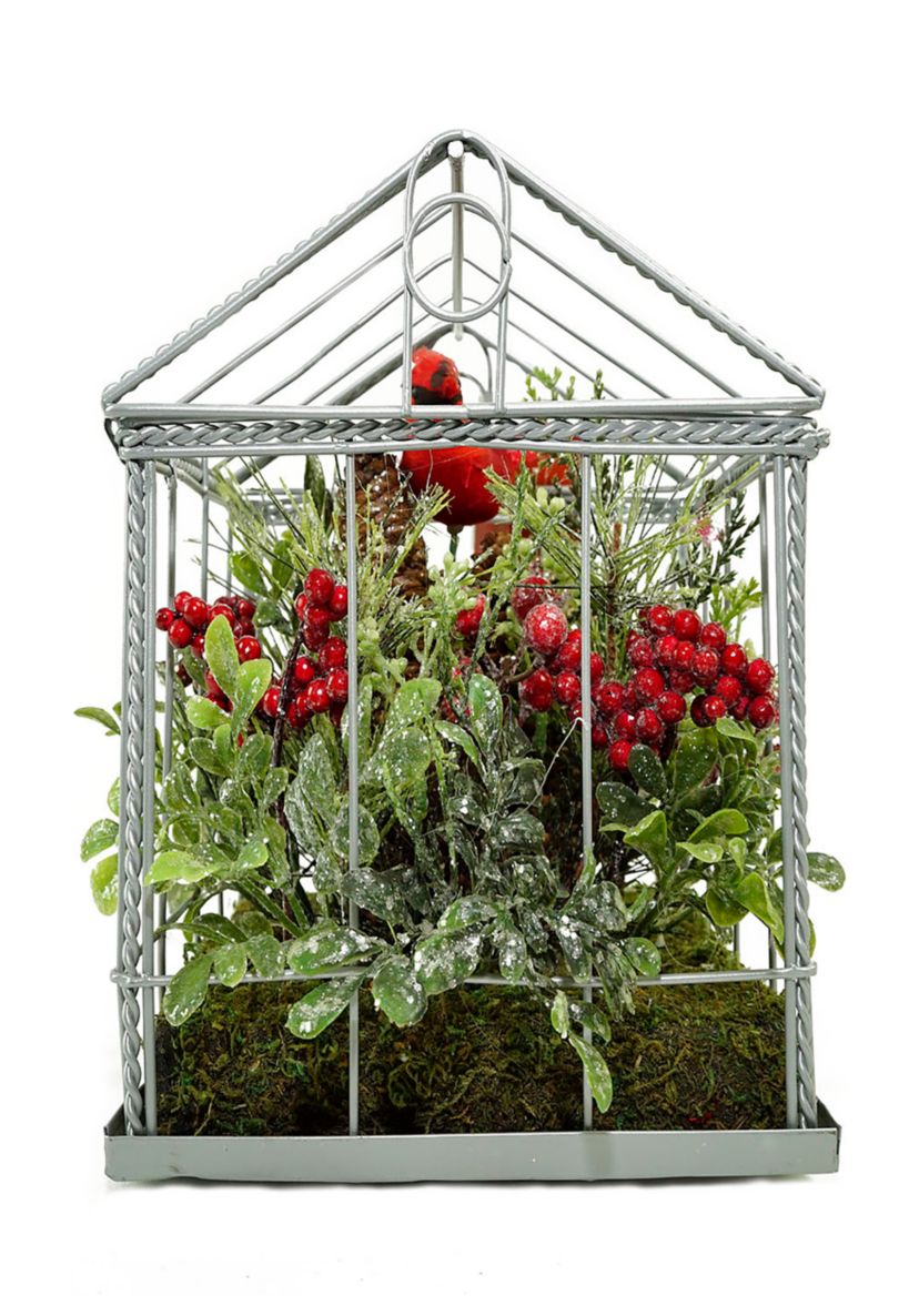 9Inch Red and Green Cardinal Boxwood Artificial Christmas Greenhouse Arrangement