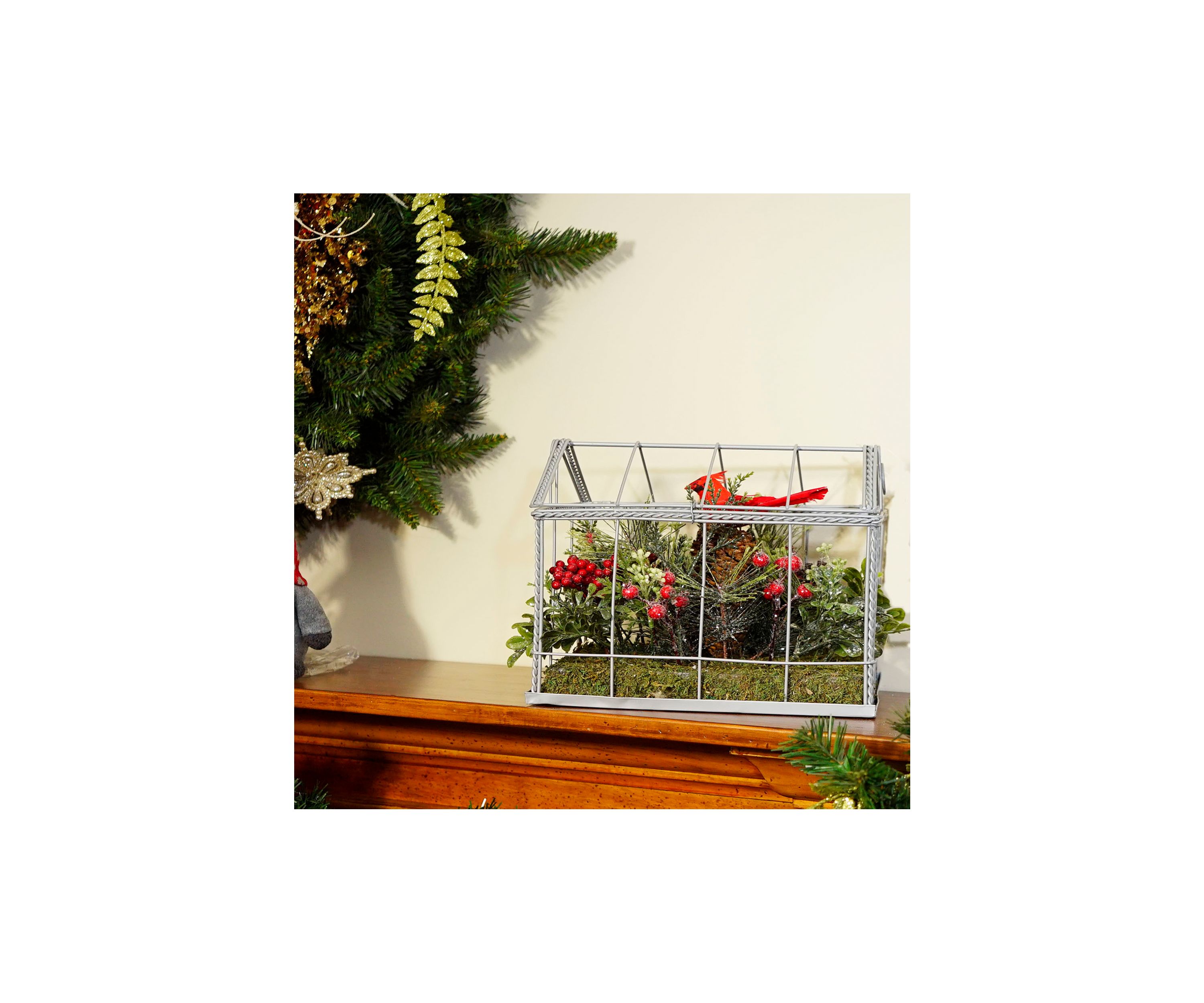 9Inch Red and Green Cardinal Boxwood Artificial Christmas Greenhouse Arrangement