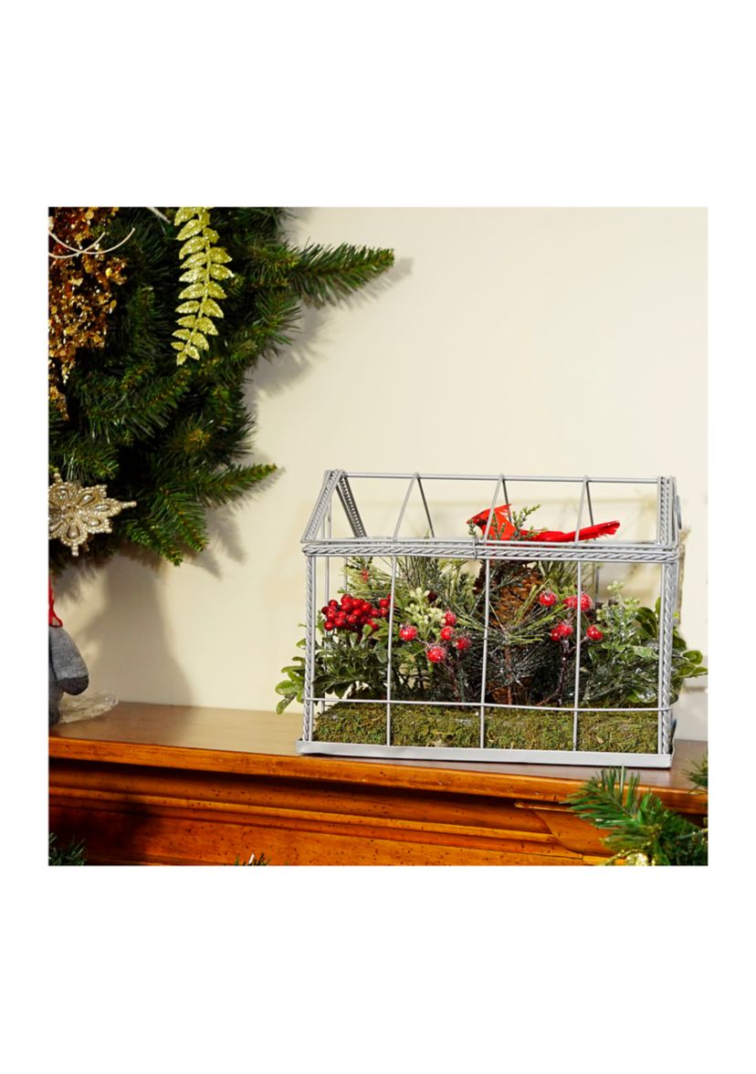 9Inch Red and Green Cardinal Boxwood Artificial Christmas Greenhouse Arrangement