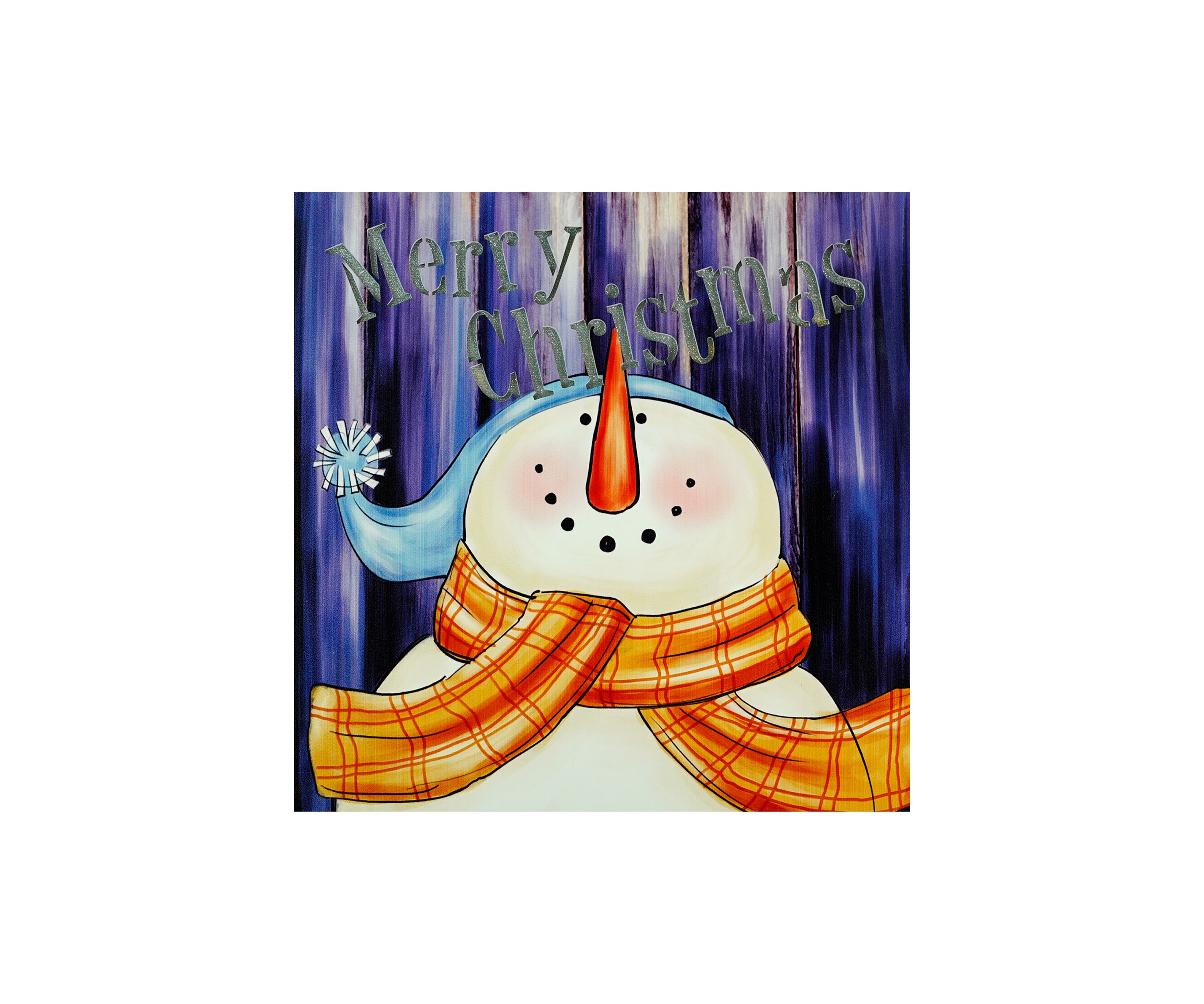 LED Lighted InchMerry ChristmasInch Snowman Christmas Canvas Wall Art 11.75Inch x 11.75Inch