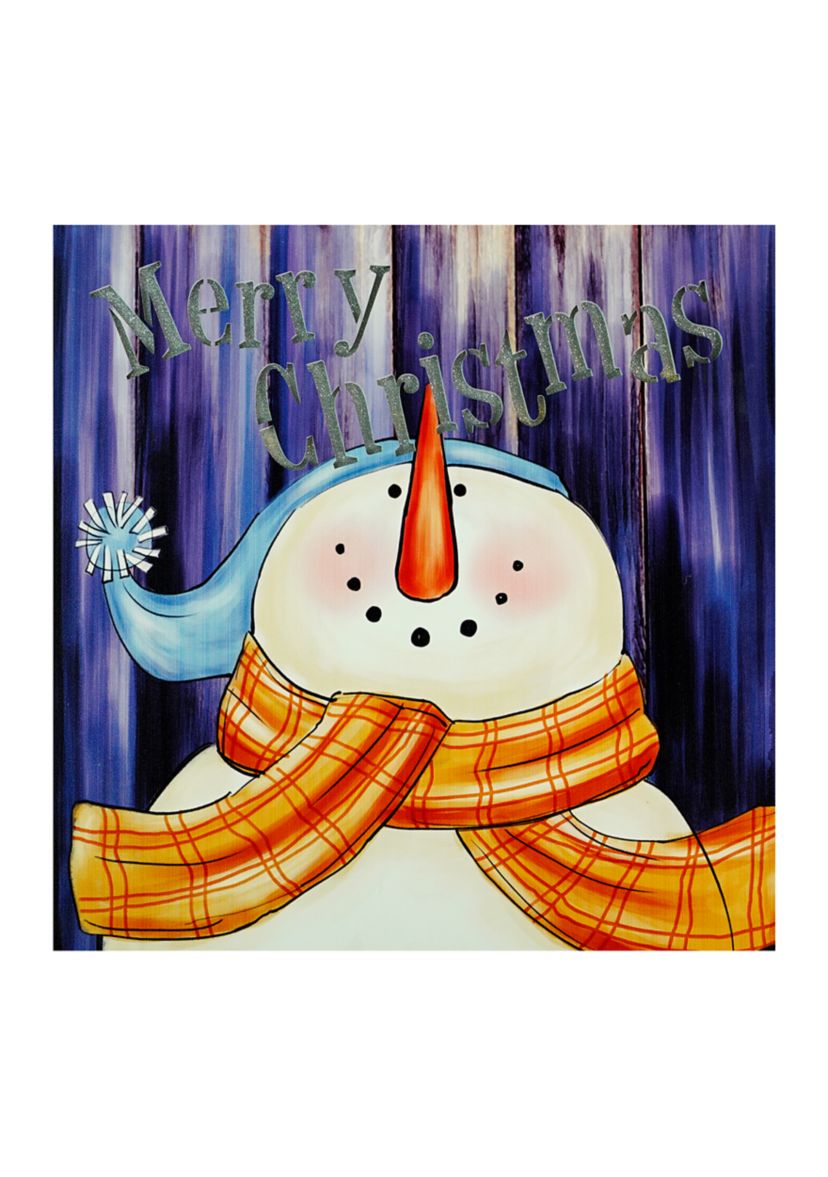 LED Lighted InchMerry ChristmasInch Snowman Christmas Canvas Wall Art 11.75Inch x 11.75Inch