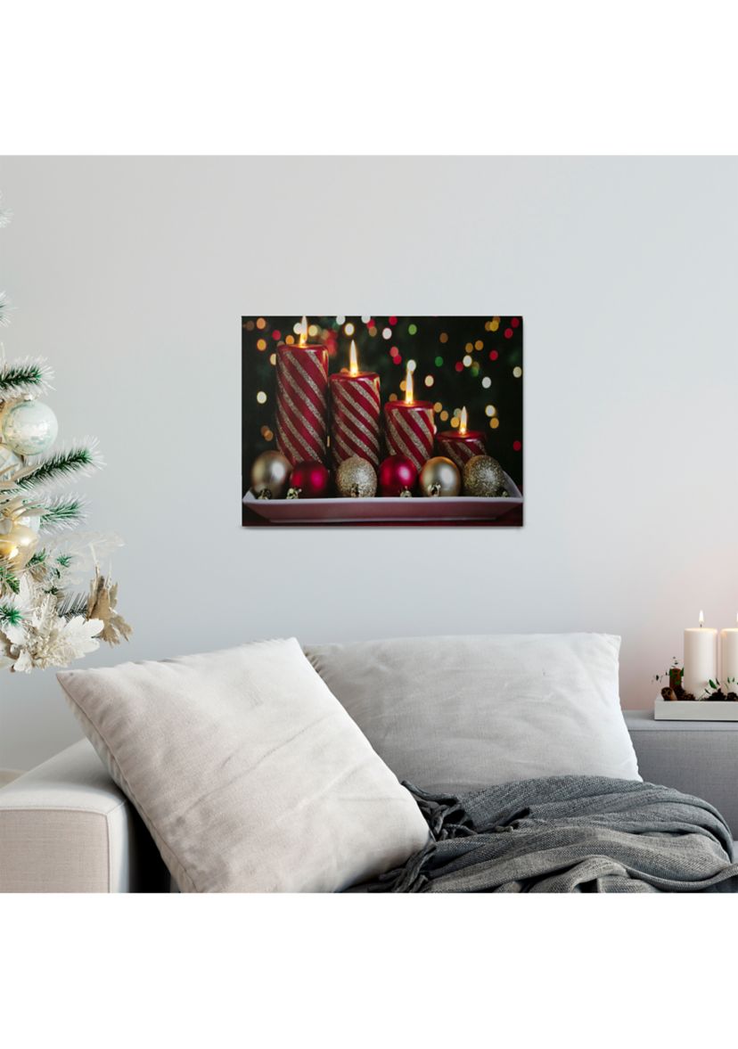LED Lighted Red and Gold Christmas Candles Display Canvas Wall Art 11.75Inch x 15.75Inch