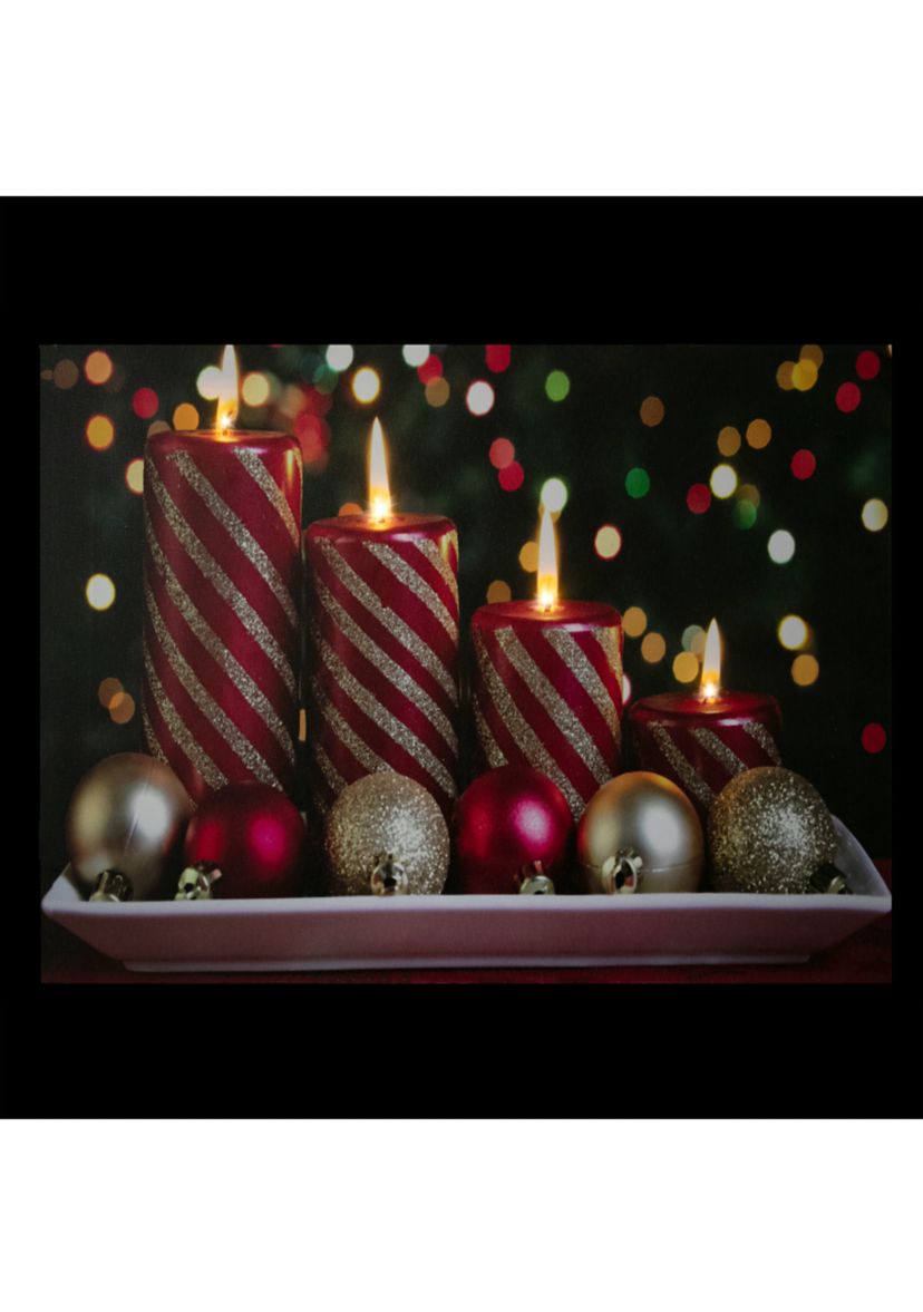 LED Lighted Red and Gold Christmas Candles Display Canvas Wall Art 11.75Inch x 15.75Inch