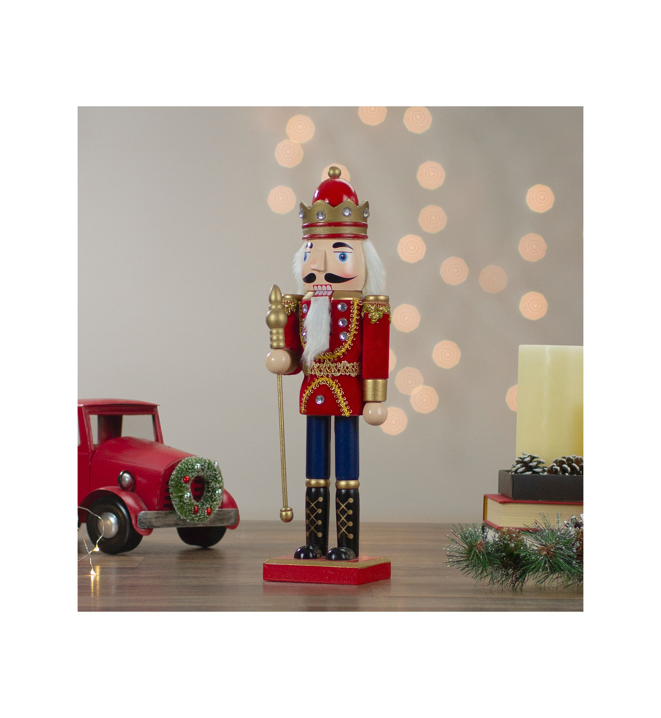 14Inch Red and Gold Traditional Christmas Nutcracker King with Scepter Tabletop Figurine