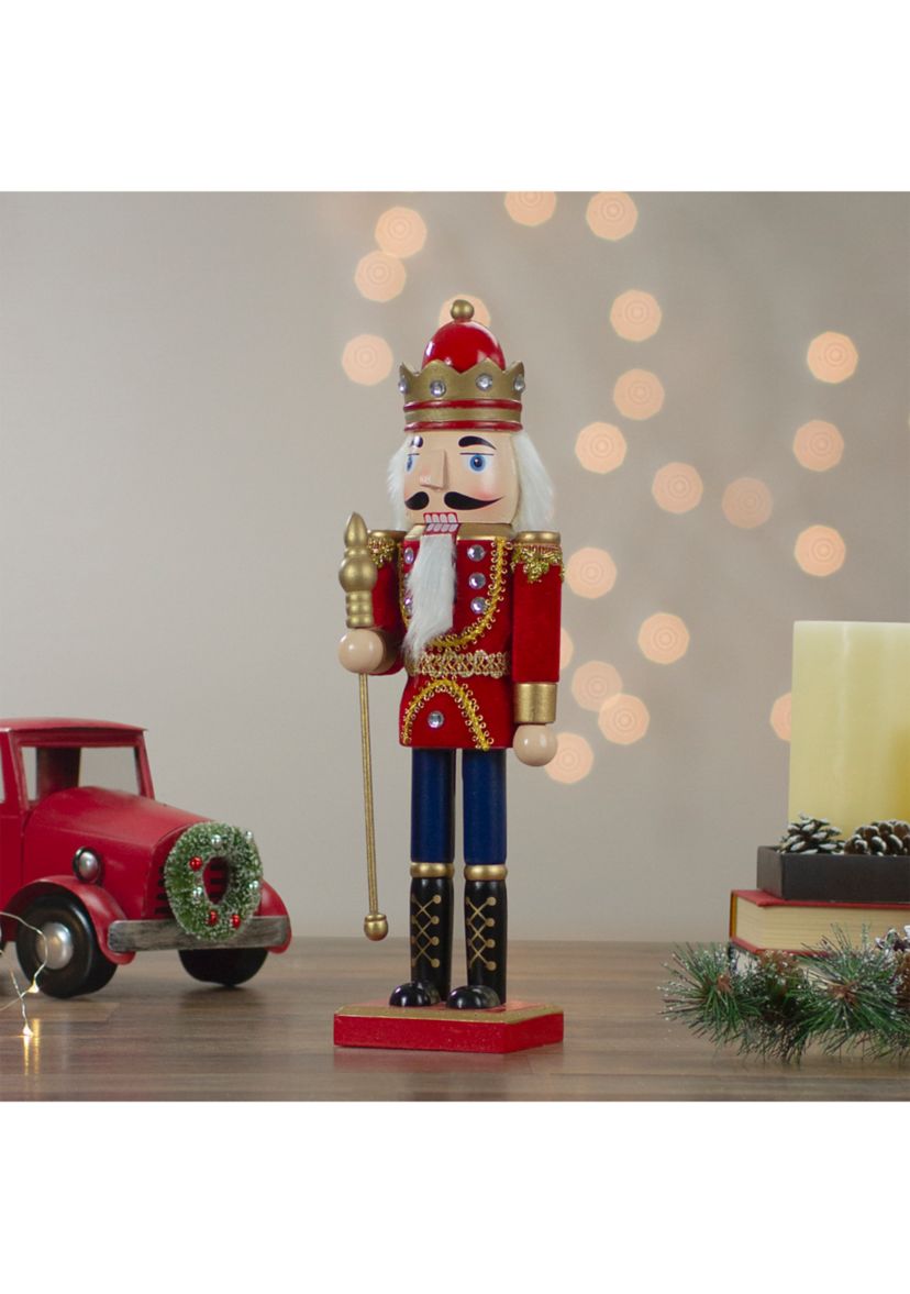 14Inch Red and Gold Traditional Christmas Nutcracker King with Scepter Tabletop Figurine