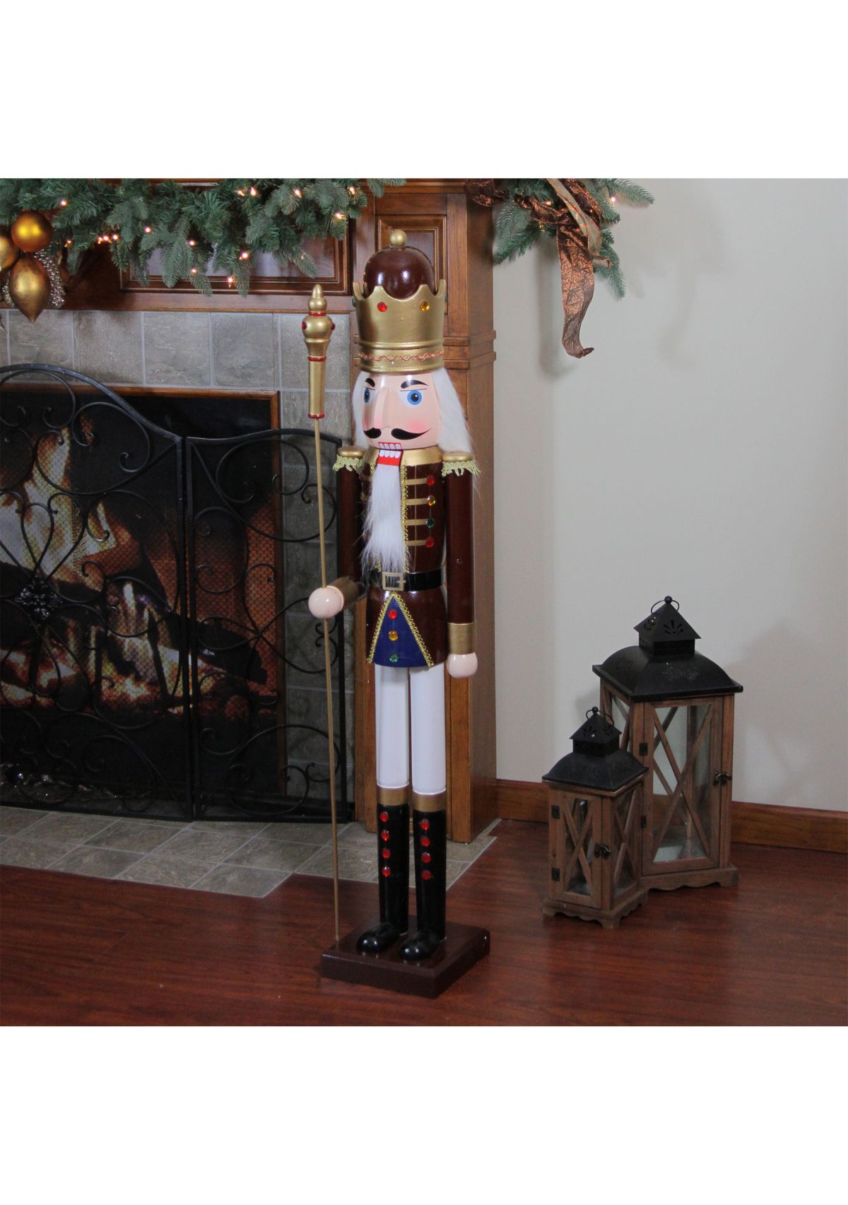 48Inch Brown and White Wooden Christmas Nutcracker King with Scepter