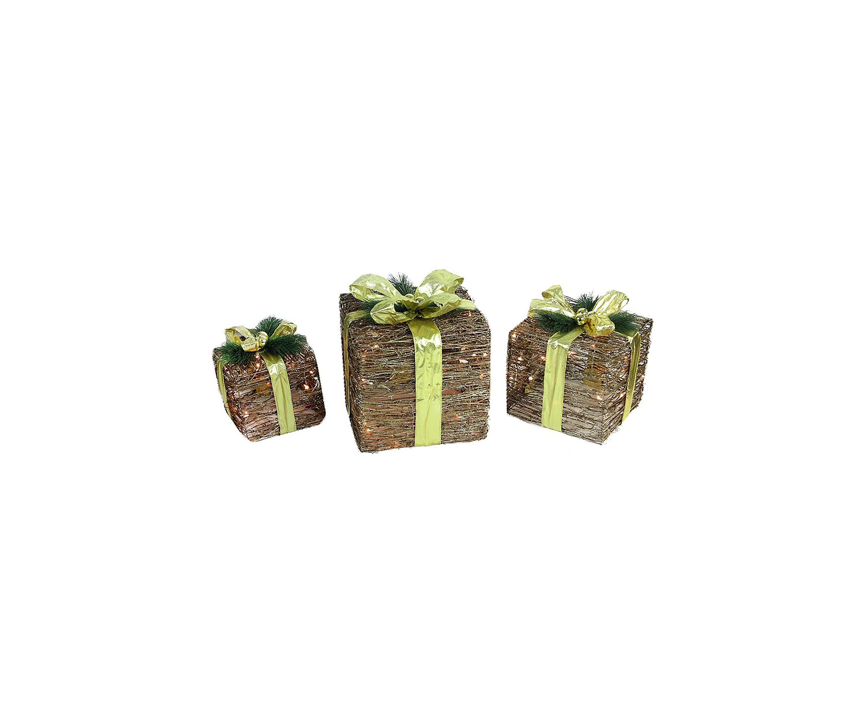 Set of 3 Brown and Green Lighted Glitter Gift Boxes Christmas Decoration 12Inch