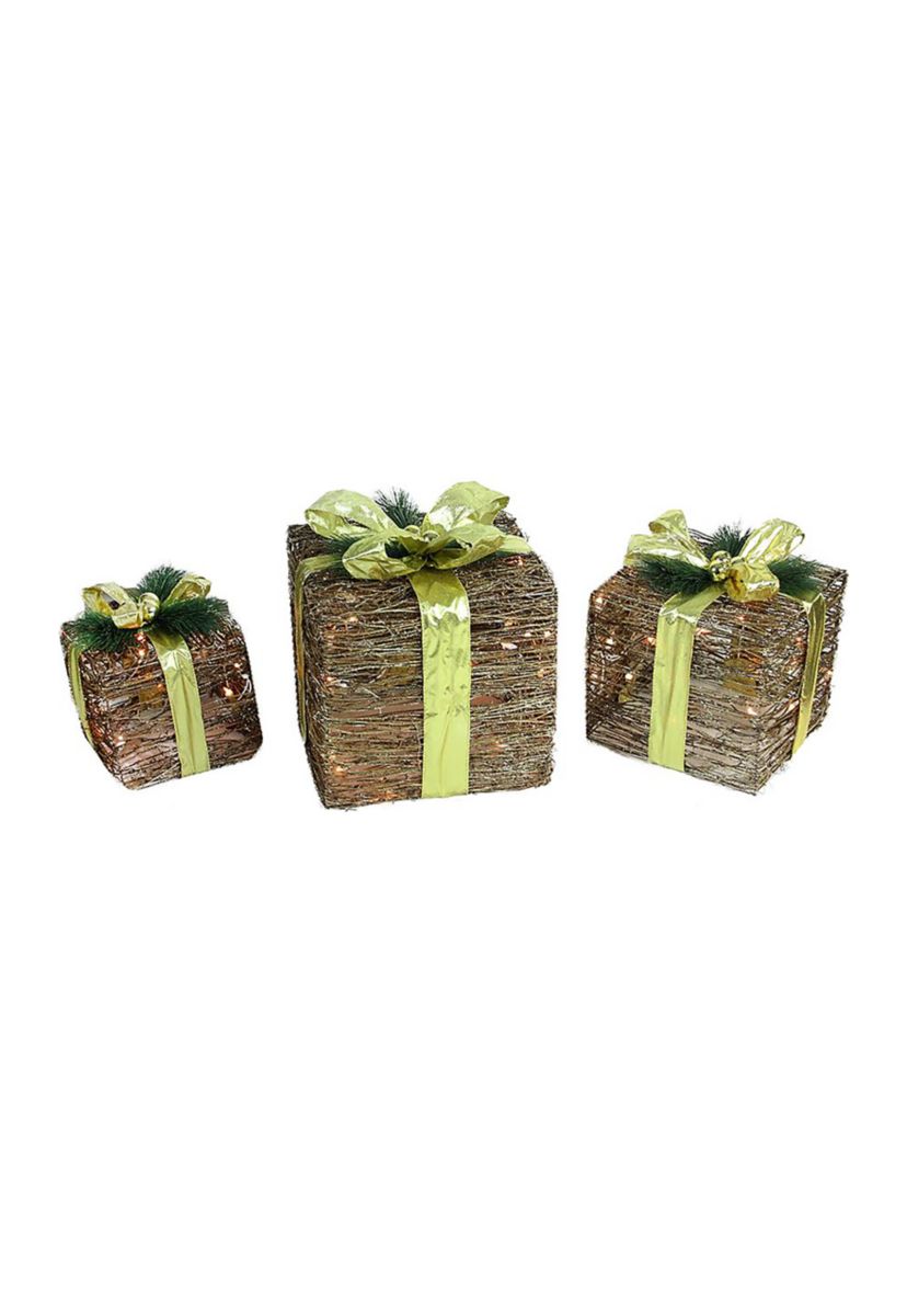 Set of 3 Brown and Green Lighted Glitter Gift Boxes Christmas Decoration 12Inch