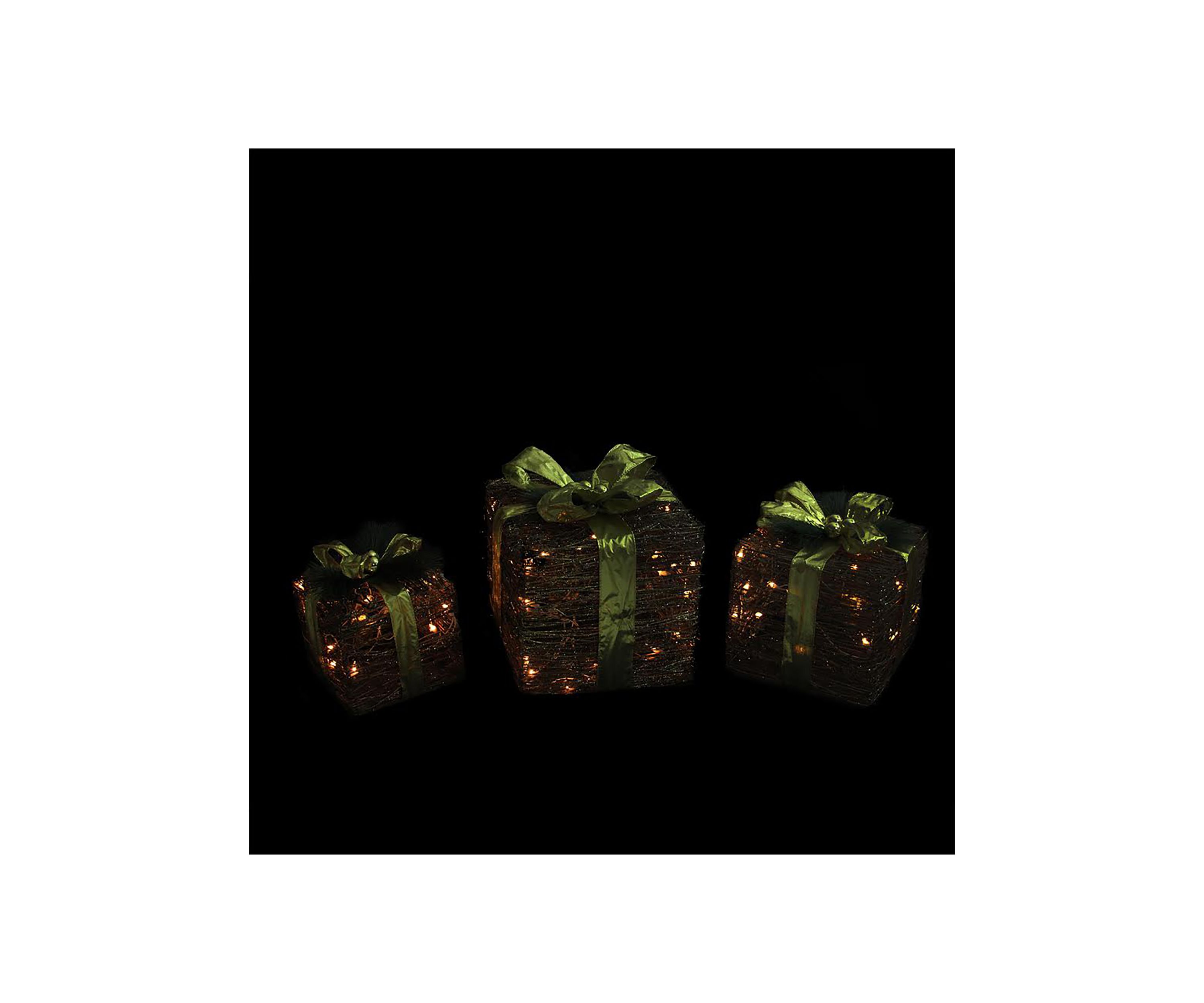 Set of 3 Brown and Green Lighted Glitter Gift Boxes Christmas Decoration 12Inch