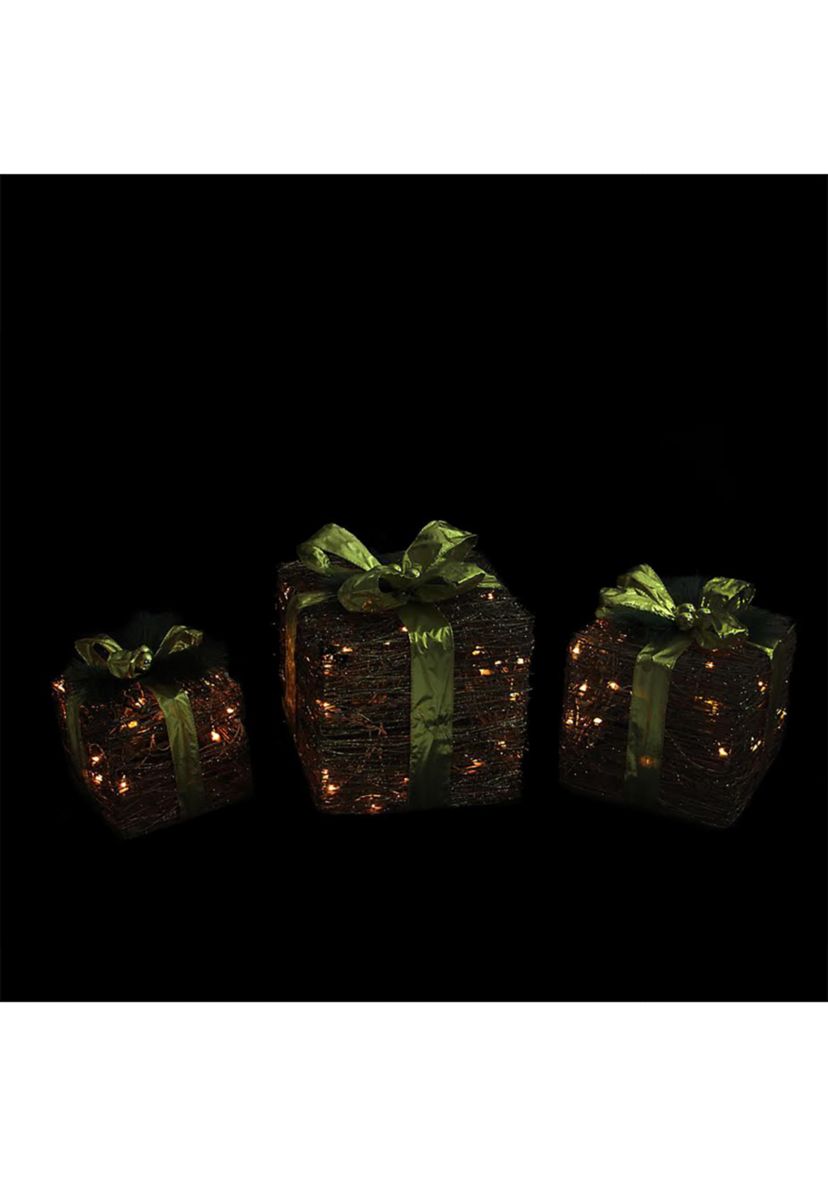 Set of 3 Brown and Green Lighted Glitter Gift Boxes Christmas Decoration 12Inch
