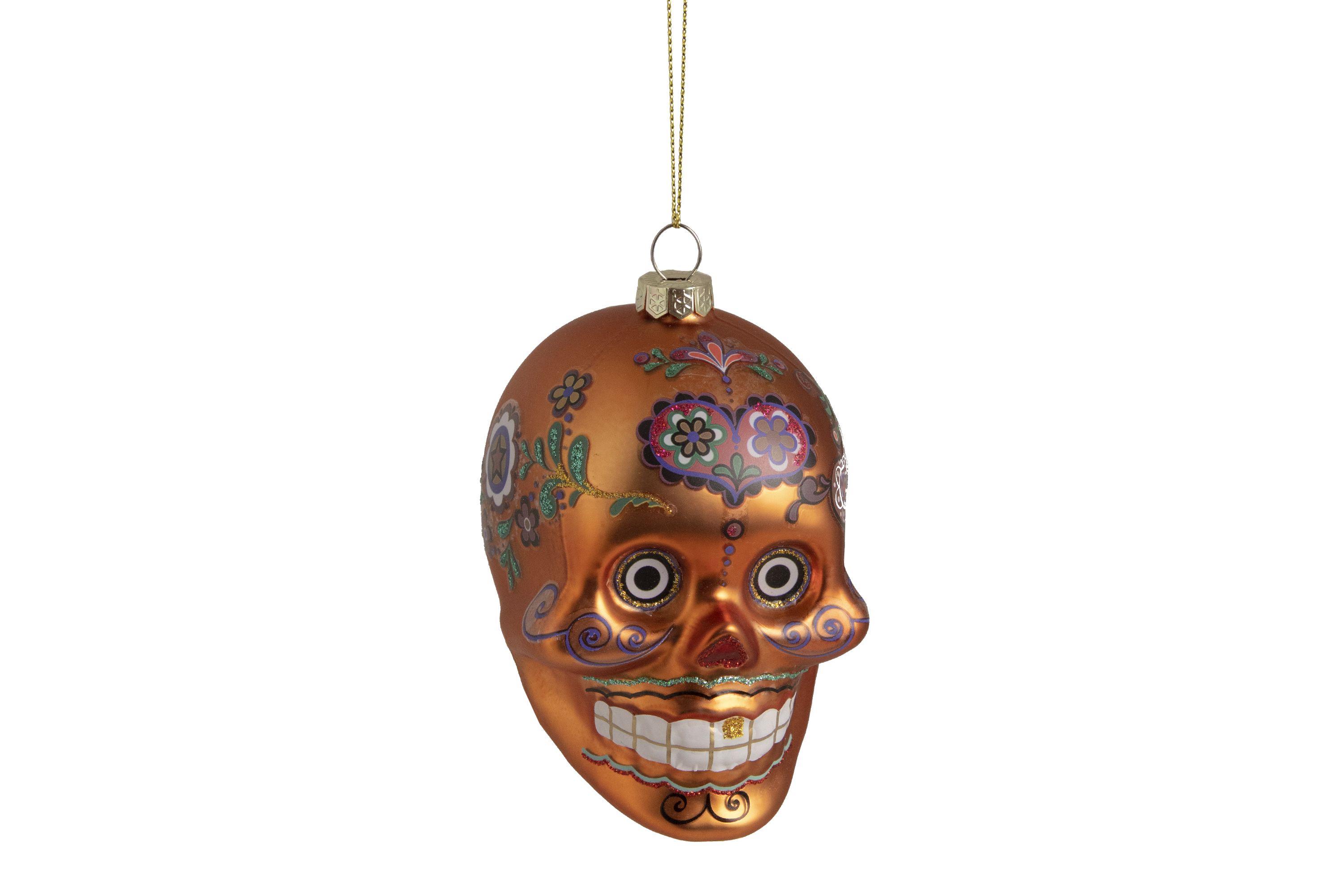 4" Orange Day of the Dead Glass Skull Halloween Ornament