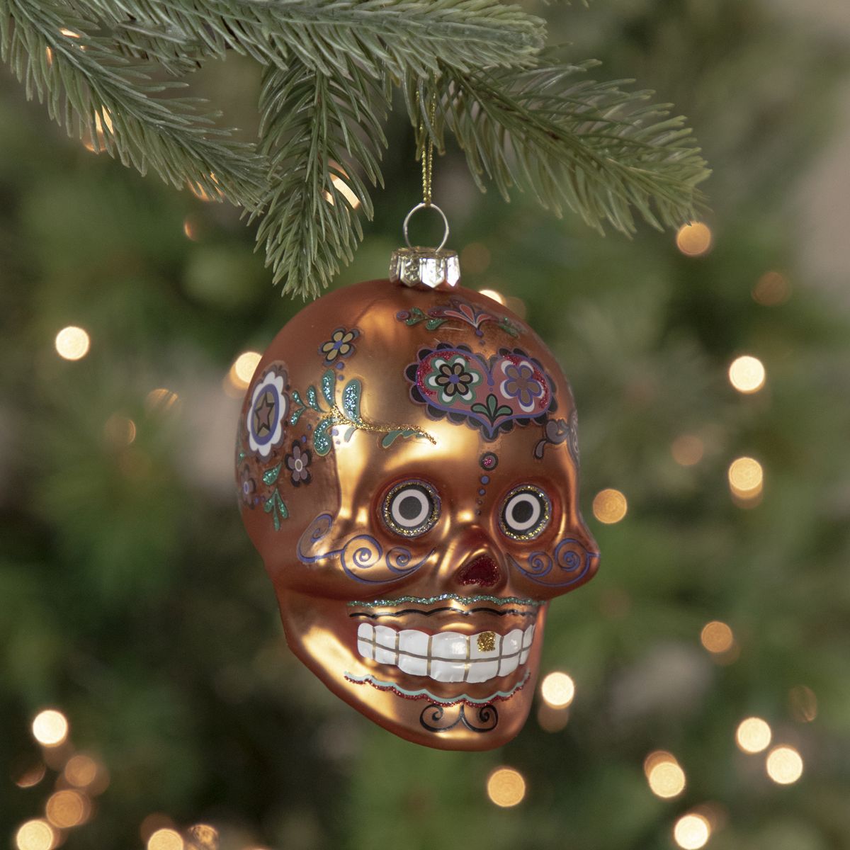 4" Orange Day of the Dead Glass Skull Halloween Ornament