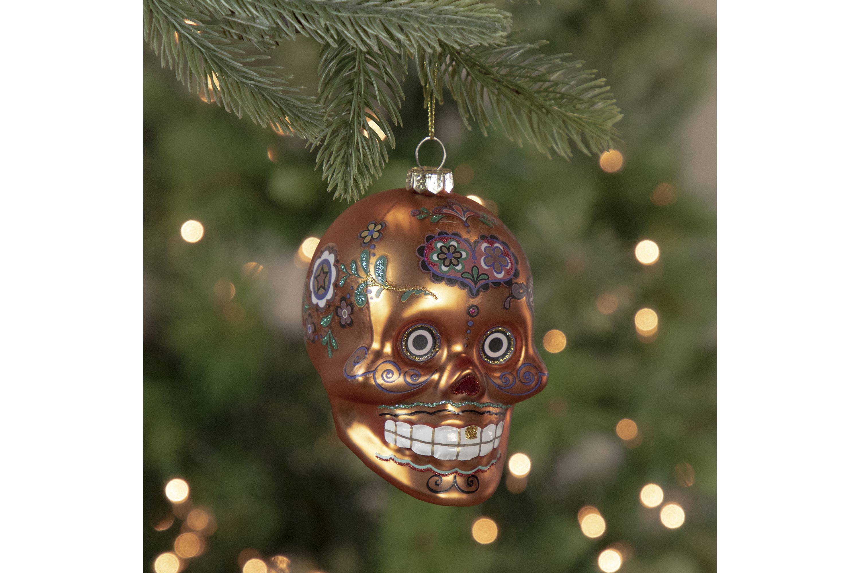 4" Orange Day of the Dead Glass Skull Halloween Ornament