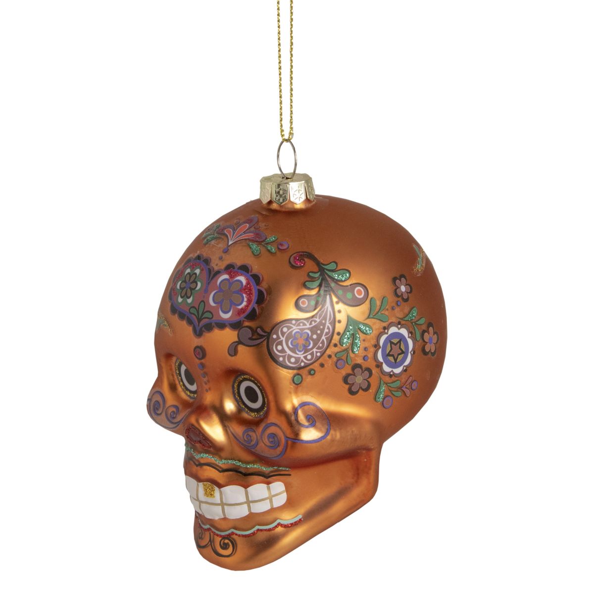 4" Orange Day of the Dead Glass Skull Halloween Ornament