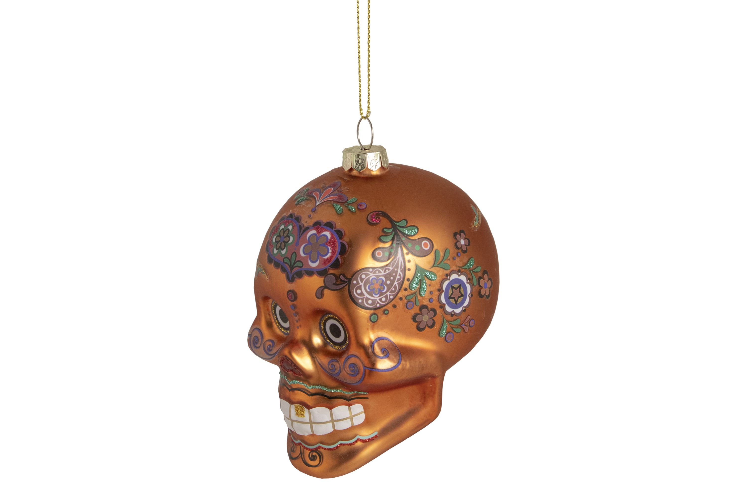 4" Orange Day of the Dead Glass Skull Halloween Ornament