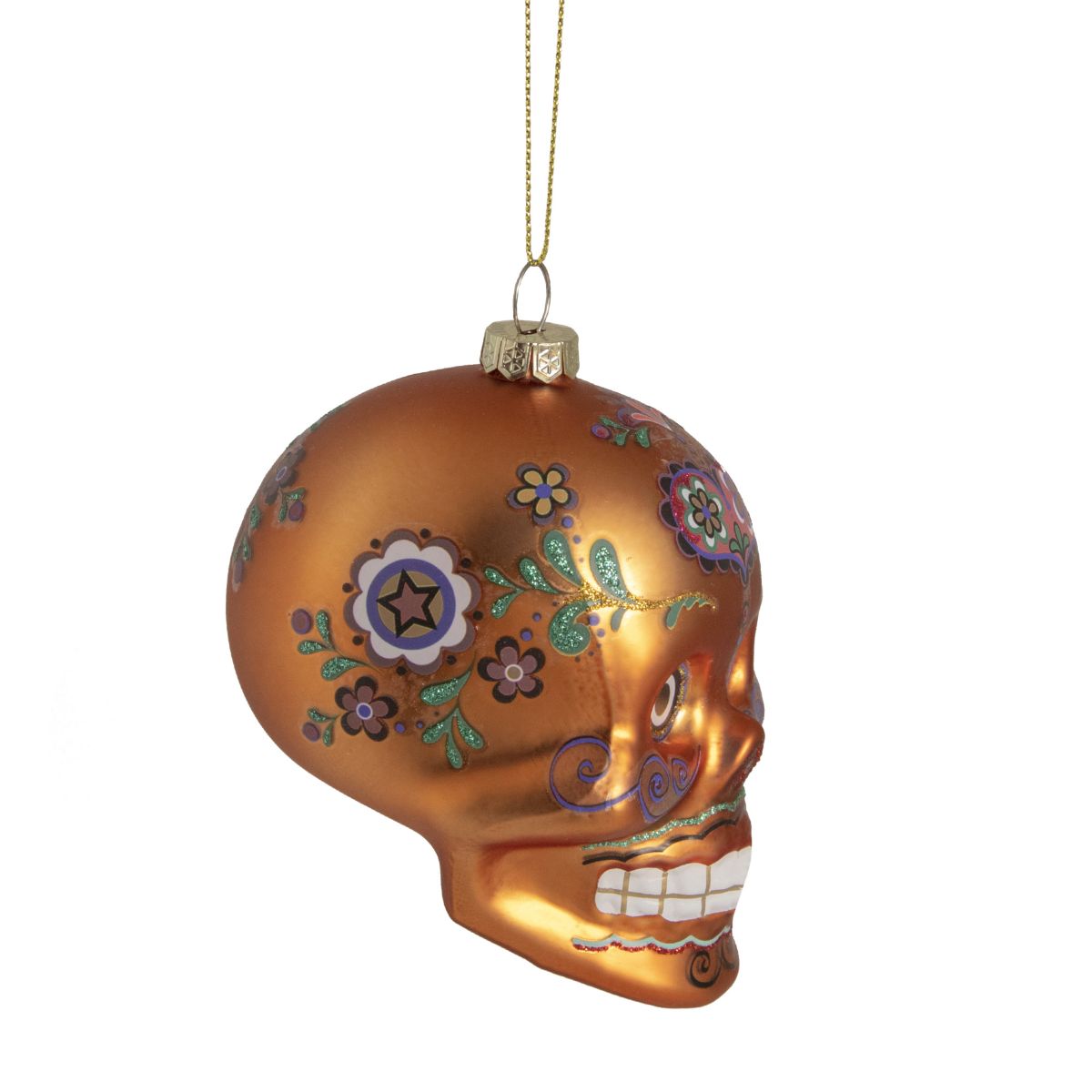 4" Orange Day of the Dead Glass Skull Halloween Ornament