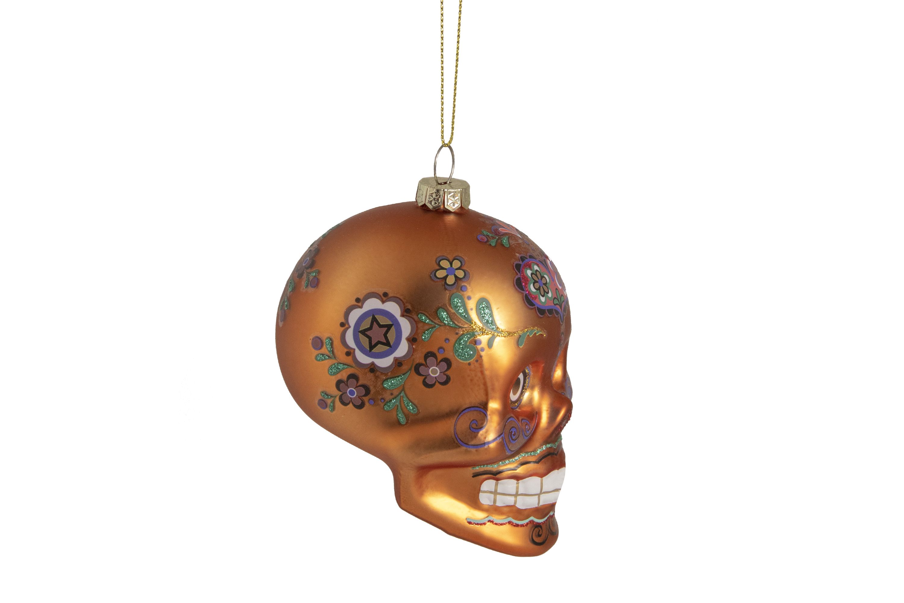 4" Orange Day of the Dead Glass Skull Halloween Ornament