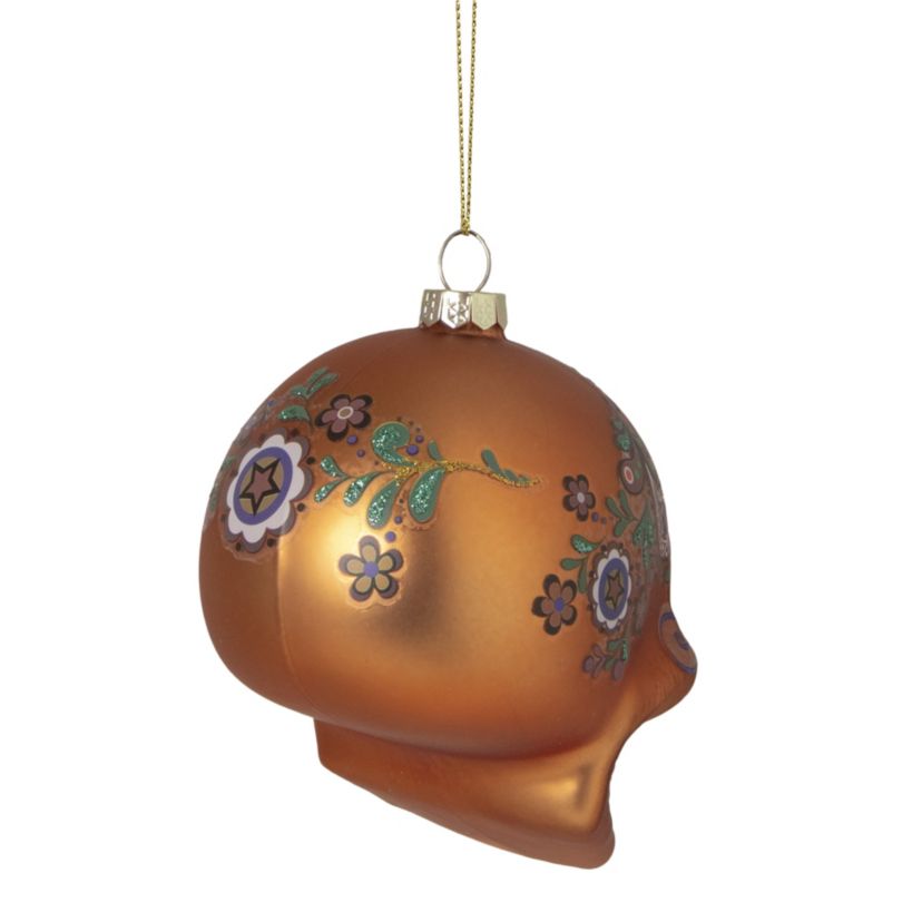 4" Orange Day of the Dead Glass Skull Halloween Ornament