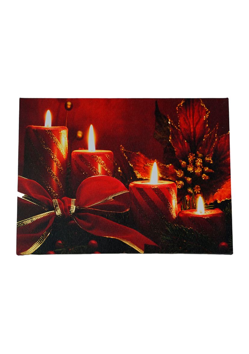 Red LED Lighted Glitter Striped Candles with Poinsettia and Bow Christmas Wall Art 12Inch x 15.75Inch