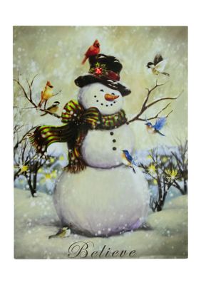 LED Lighted Snowman and Bird Friends Christmas Canvas Wall Art 15.75Inch x 11.75Inch