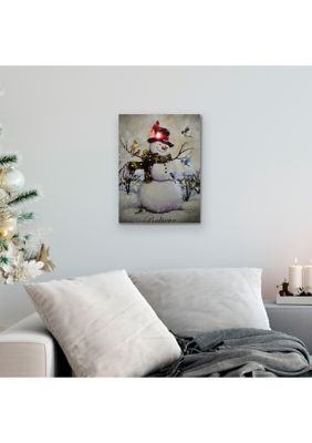 LED Lighted Snowman and Bird Friends Christmas Canvas Wall Art 15.75Inch x 11.75Inch