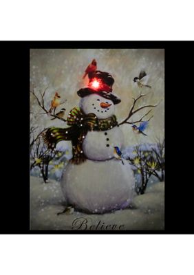 LED Lighted Snowman and Bird Friends Christmas Canvas Wall Art 15.75Inch x 11.75Inch