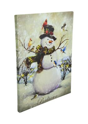 LED Lighted Snowman and Bird Friends Christmas Canvas Wall Art 15.75Inch x 11.75Inch