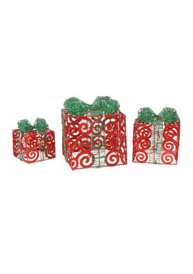 Northlight Set of 3 Lighted Sparkling Red Swirl Glitter Gift Boxes Outdoor Christmas Decorations -  0191296069076