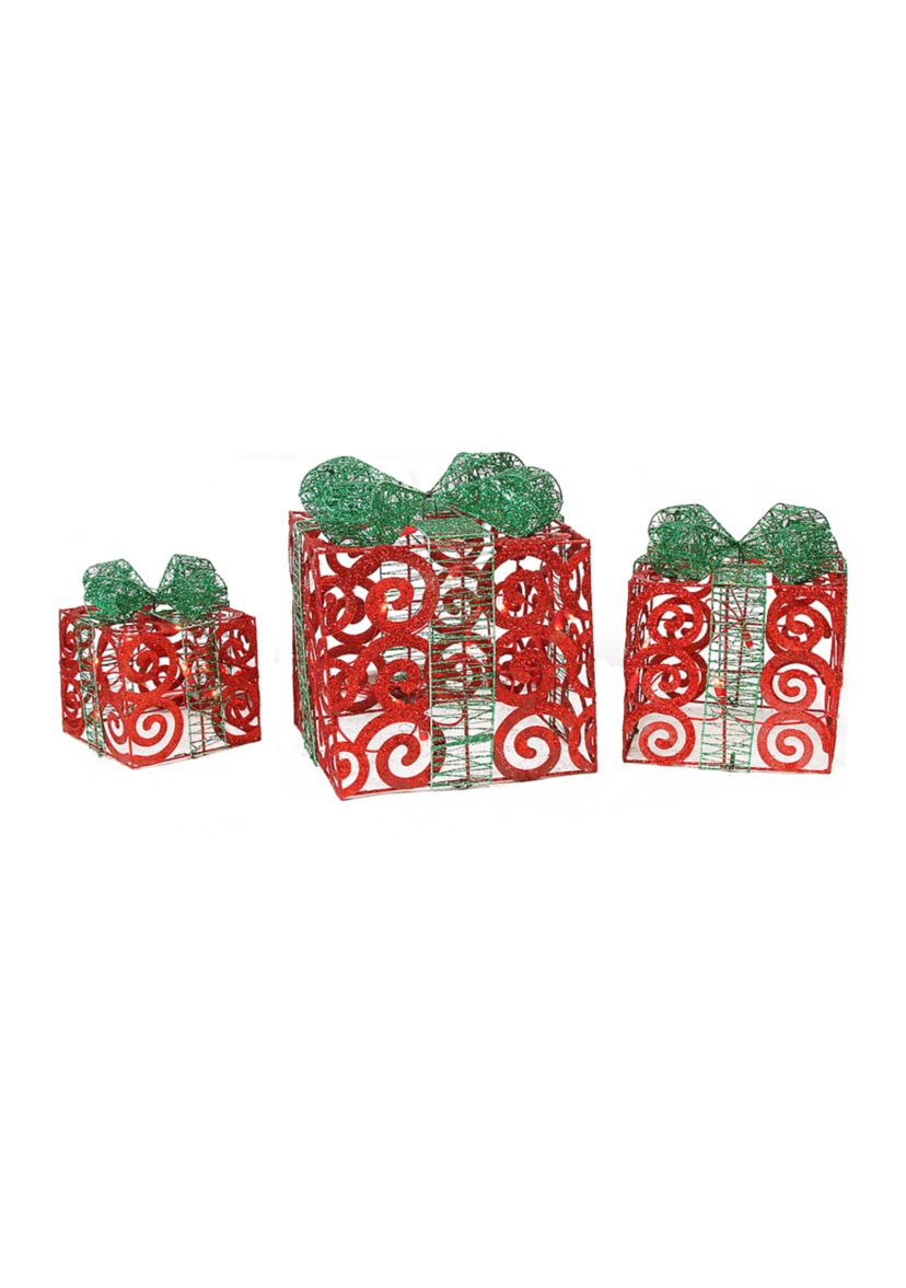 Set of 3 Lighted Sparkling Red Swirl Glitter Gift Boxes Outdoor Christmas Decorations