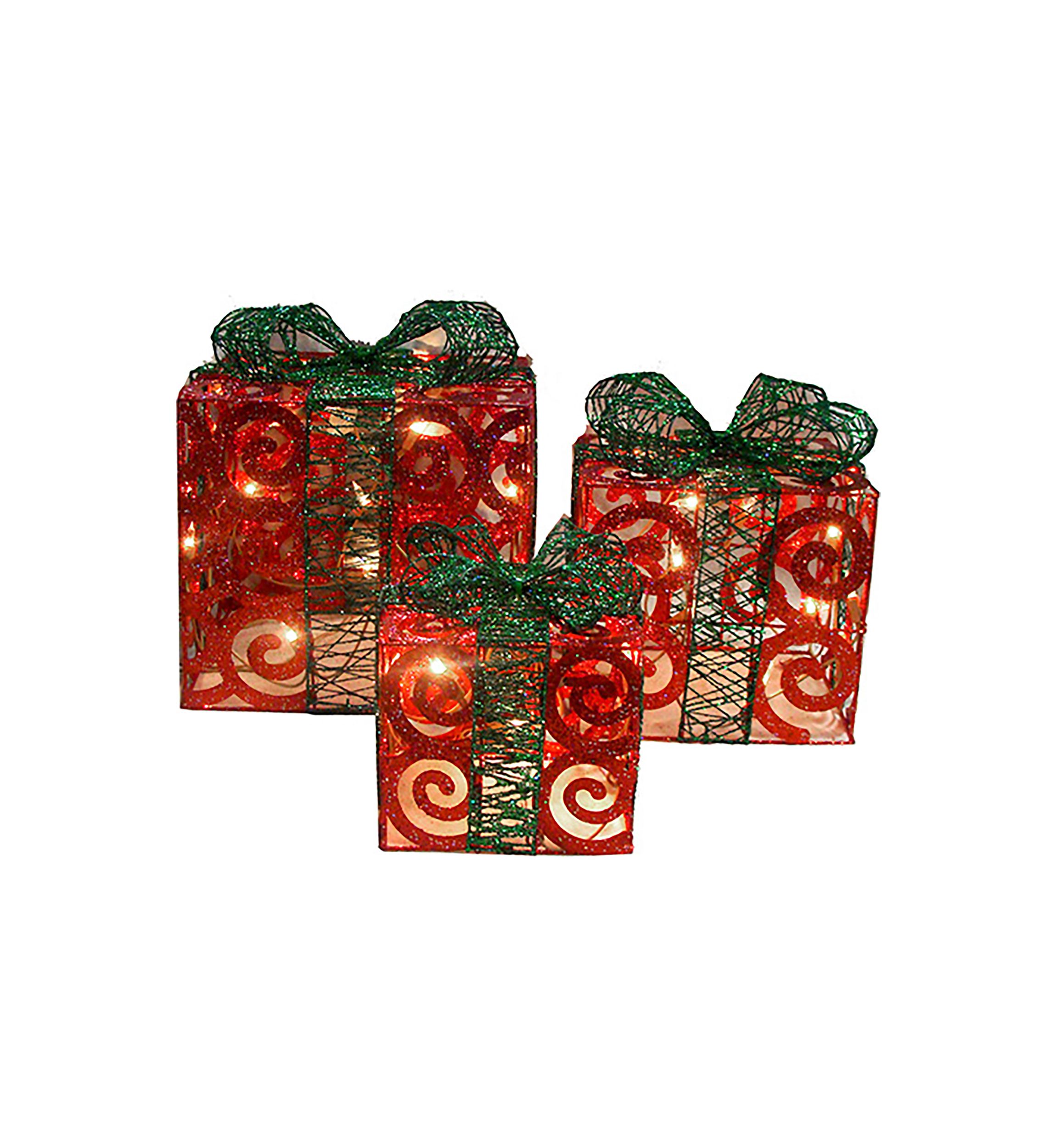 Northlight Set of 3 Lighted Sparkling Red Swirl Glitter Gift Boxes