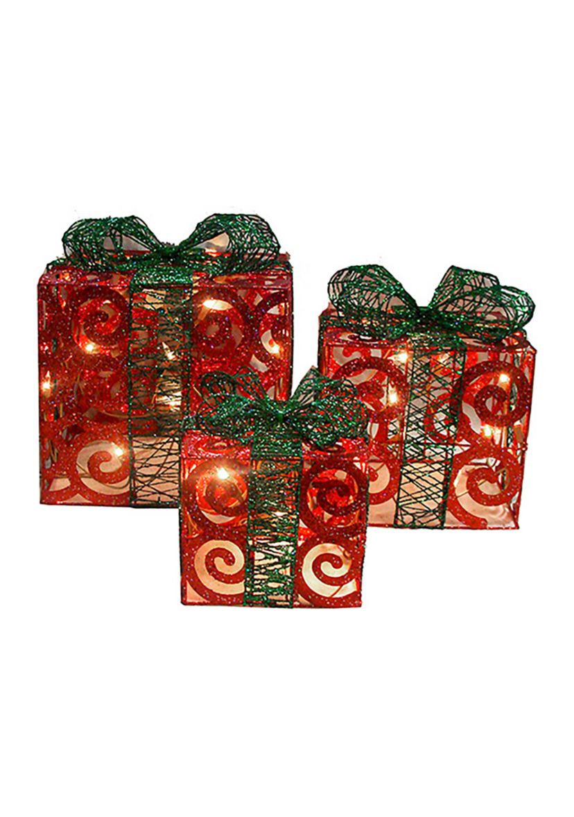 Set of 3 Lighted Sparkling Red Swirl Glitter Gift Boxes Outdoor Christmas Decorations