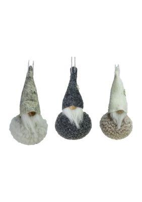 Set of 3 Gray and Cream Plush Santa Gnomes Hanging Christmas Ornaments 4.75Inch