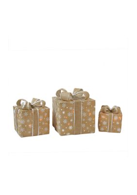 Northlight Set of 3 Lighted Natural Snowflake Burlap Gift Boxes Christmas Outdoor Decorations, Brown -  0715833000447