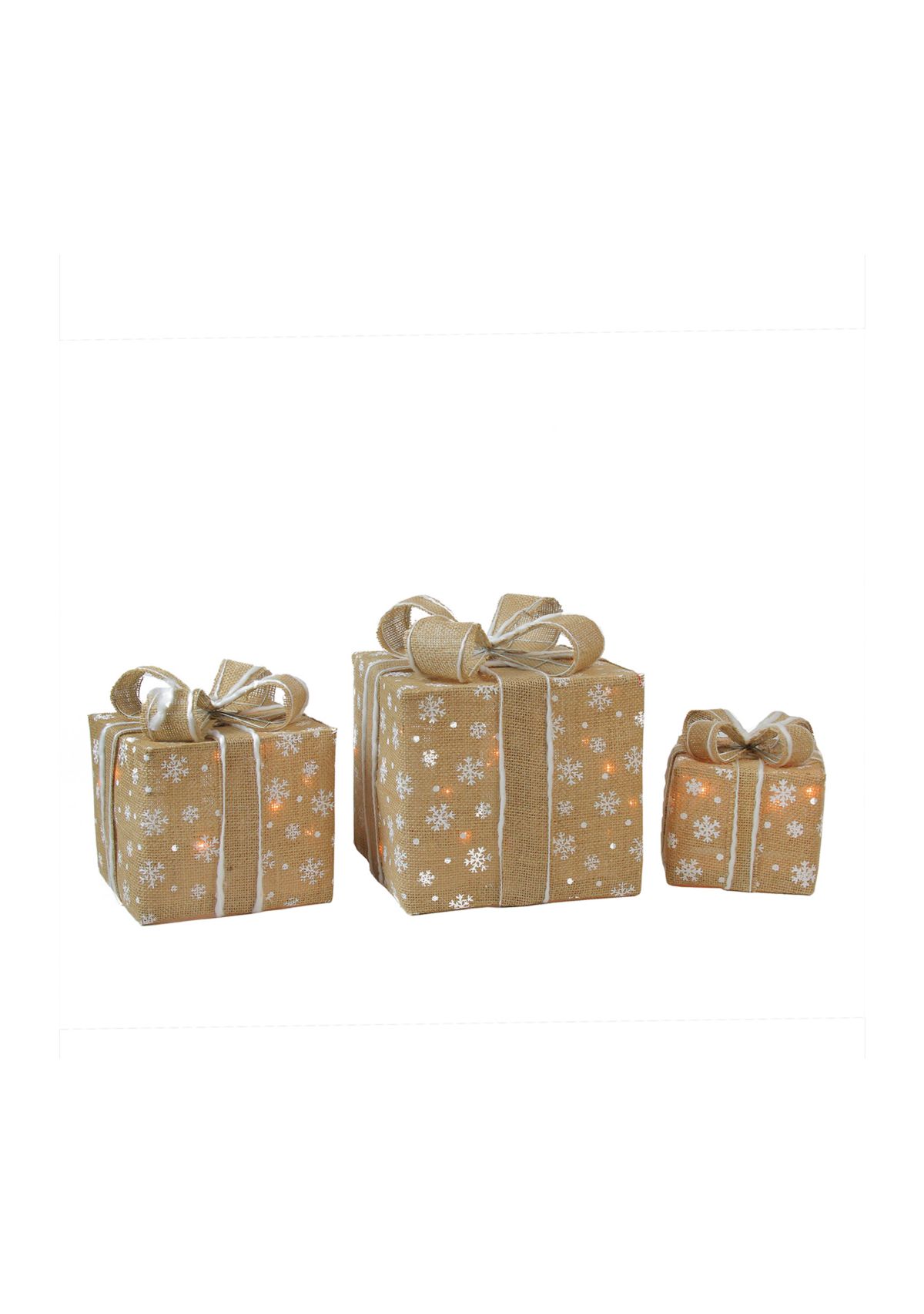 Set of 3 Lighted Natural Snowflake Burlap Gift Boxes Christmas Outdoor Decorations