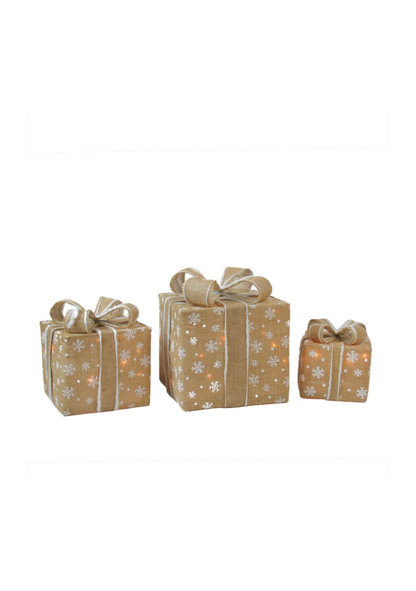 Set of 3 Lighted Natural Snowflake Burlap Gift Boxes Christmas Outdoor Decorations