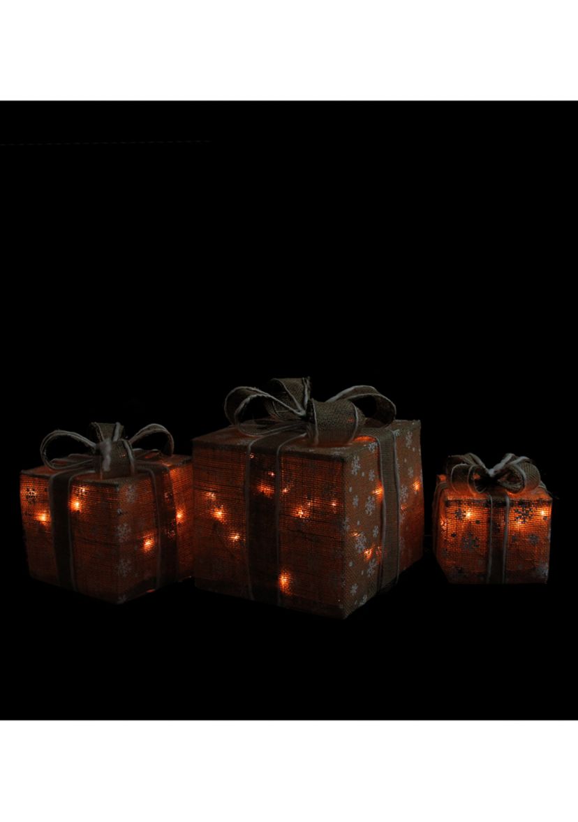 Set of 3 Lighted Natural Snowflake Burlap Gift Boxes Christmas Outdoor Decorations