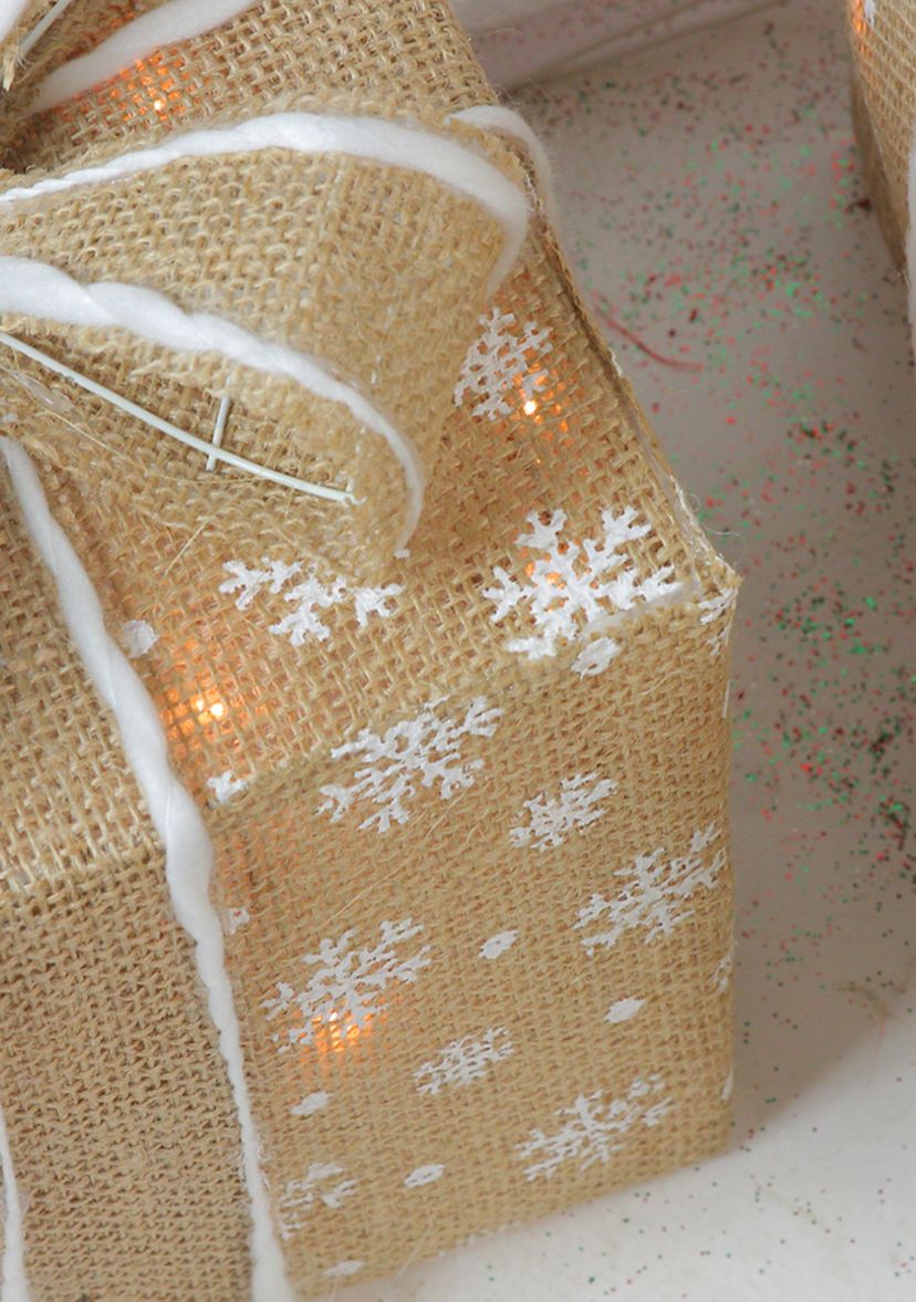 Set of 3 Lighted Natural Snowflake Burlap Gift Boxes Christmas Outdoor Decorations