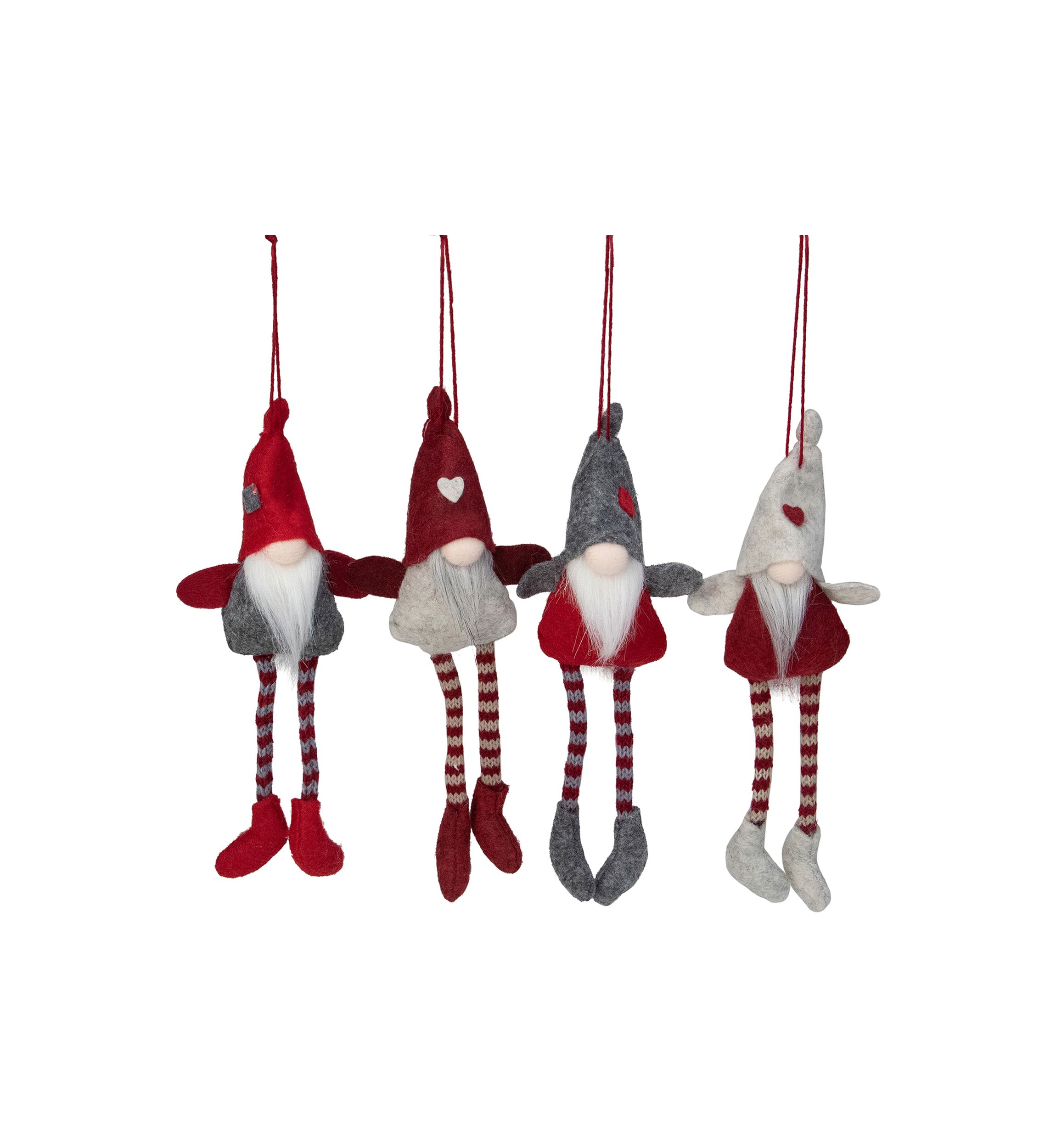 Set of 4 Red and Gray Plush Gnome Christmas Ornaments 9"