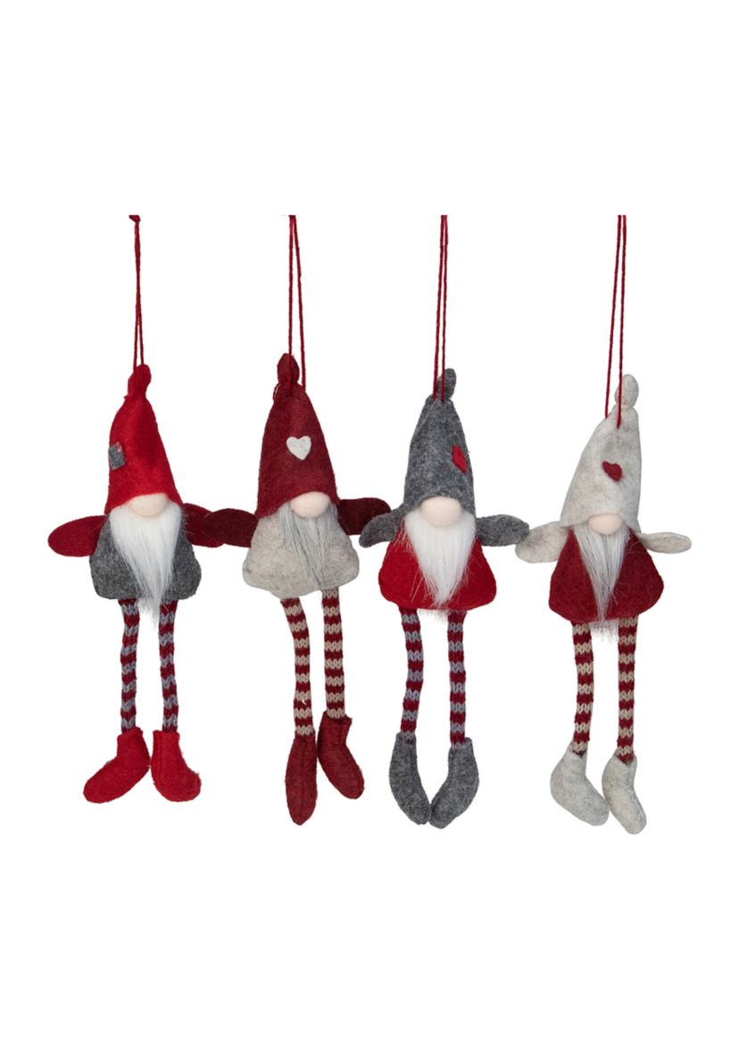 Set of 4 Red and Gray Plush Gnome Christmas Ornaments 9"