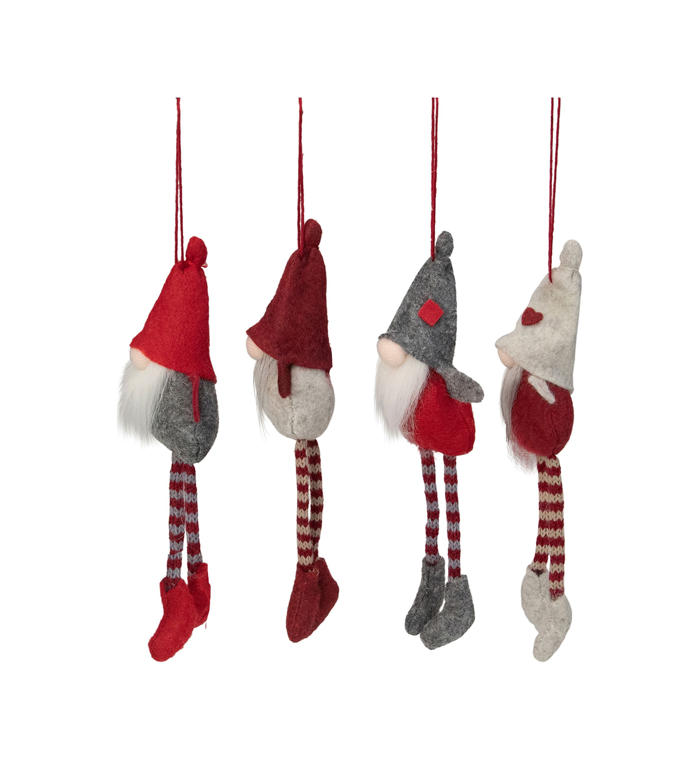 Set of 4 Red and Gray Plush Gnome Christmas Ornaments 9"