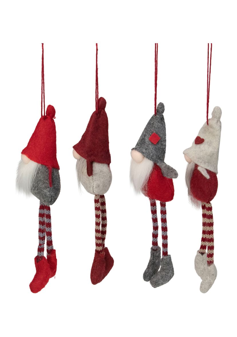 Set of 4 Red and Gray Plush Gnome Christmas Ornaments 9"