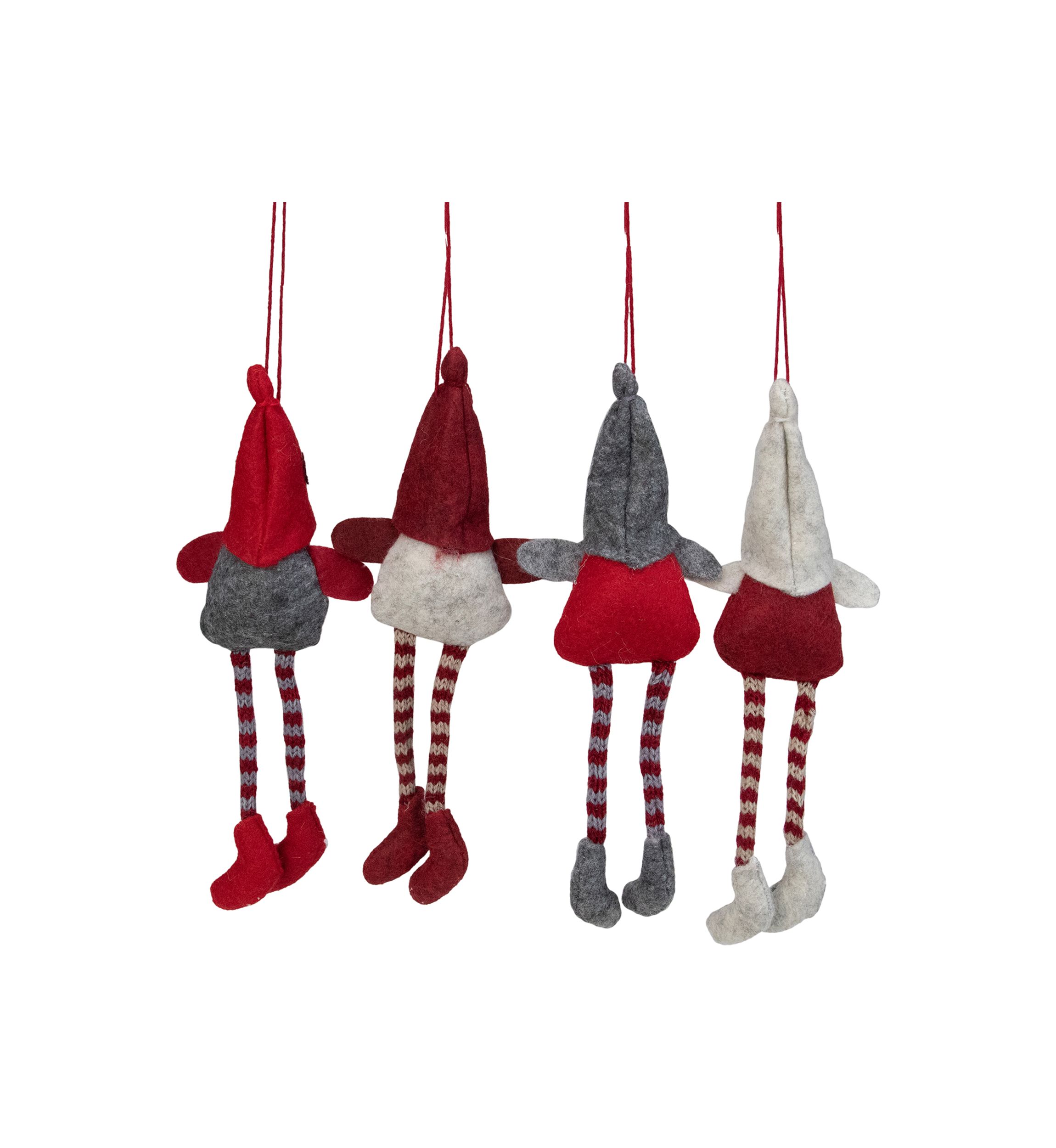 Set of 4 Red and Gray Plush Gnome Christmas Ornaments 9"