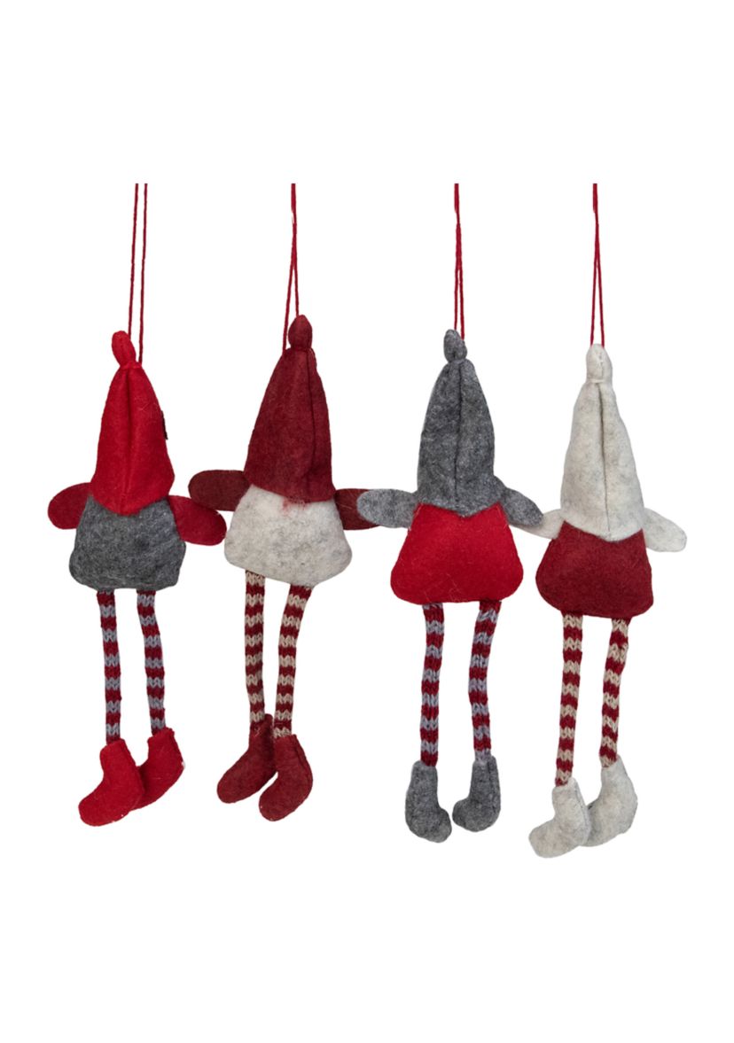 Set of 4 Red and Gray Plush Gnome Christmas Ornaments 9"