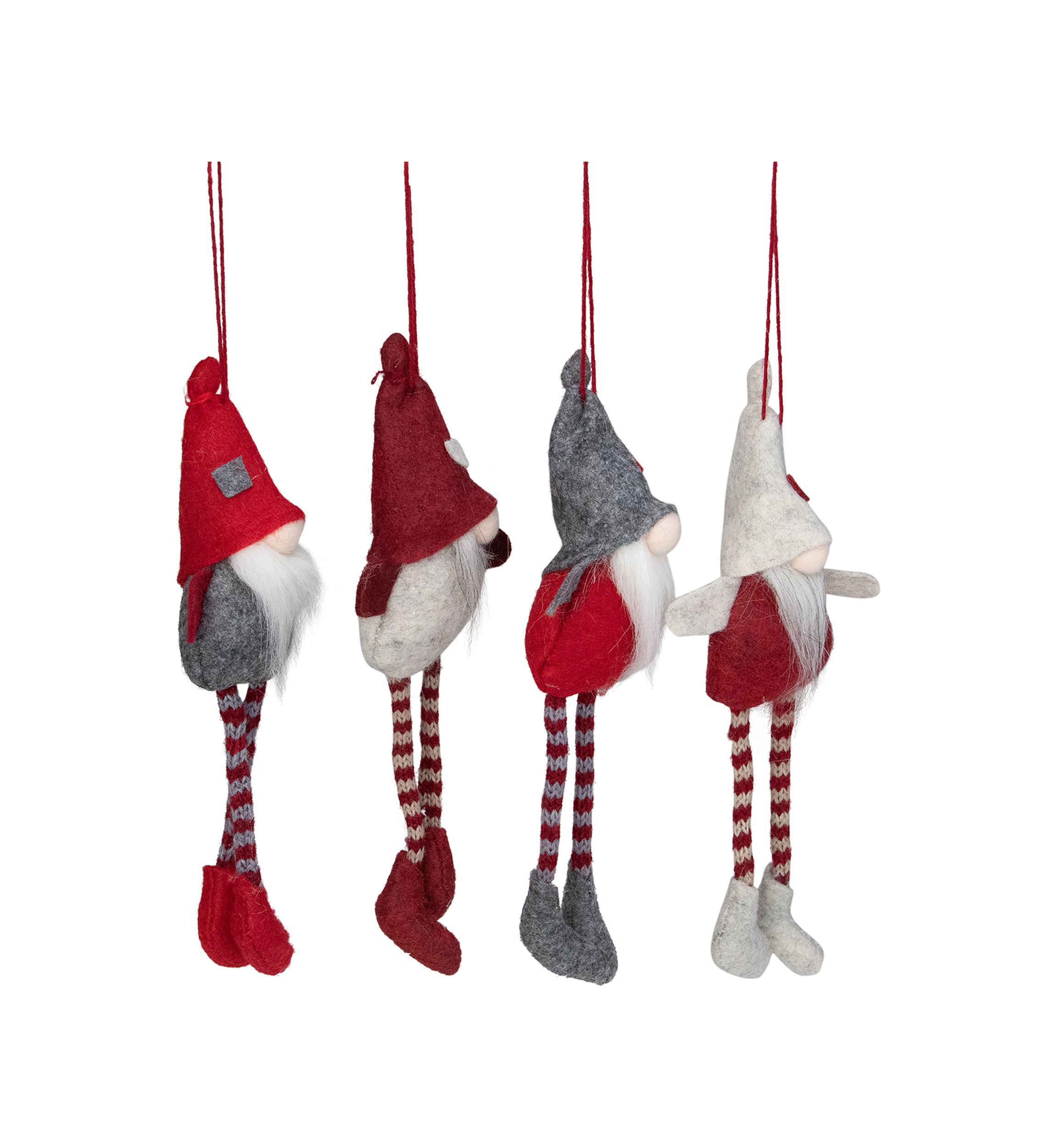 Set of 4 Red and Gray Plush Gnome Christmas Ornaments 9"