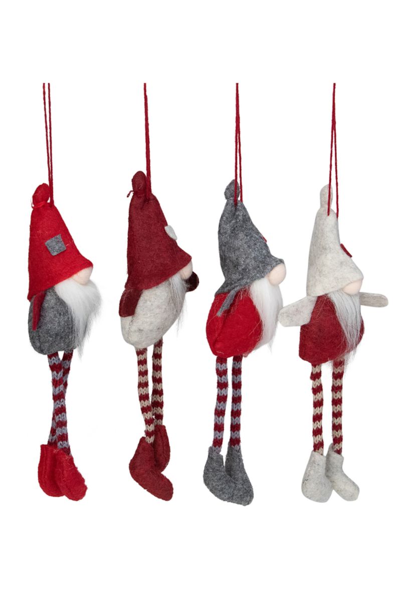 Set of 4 Red and Gray Plush Gnome Christmas Ornaments 9"